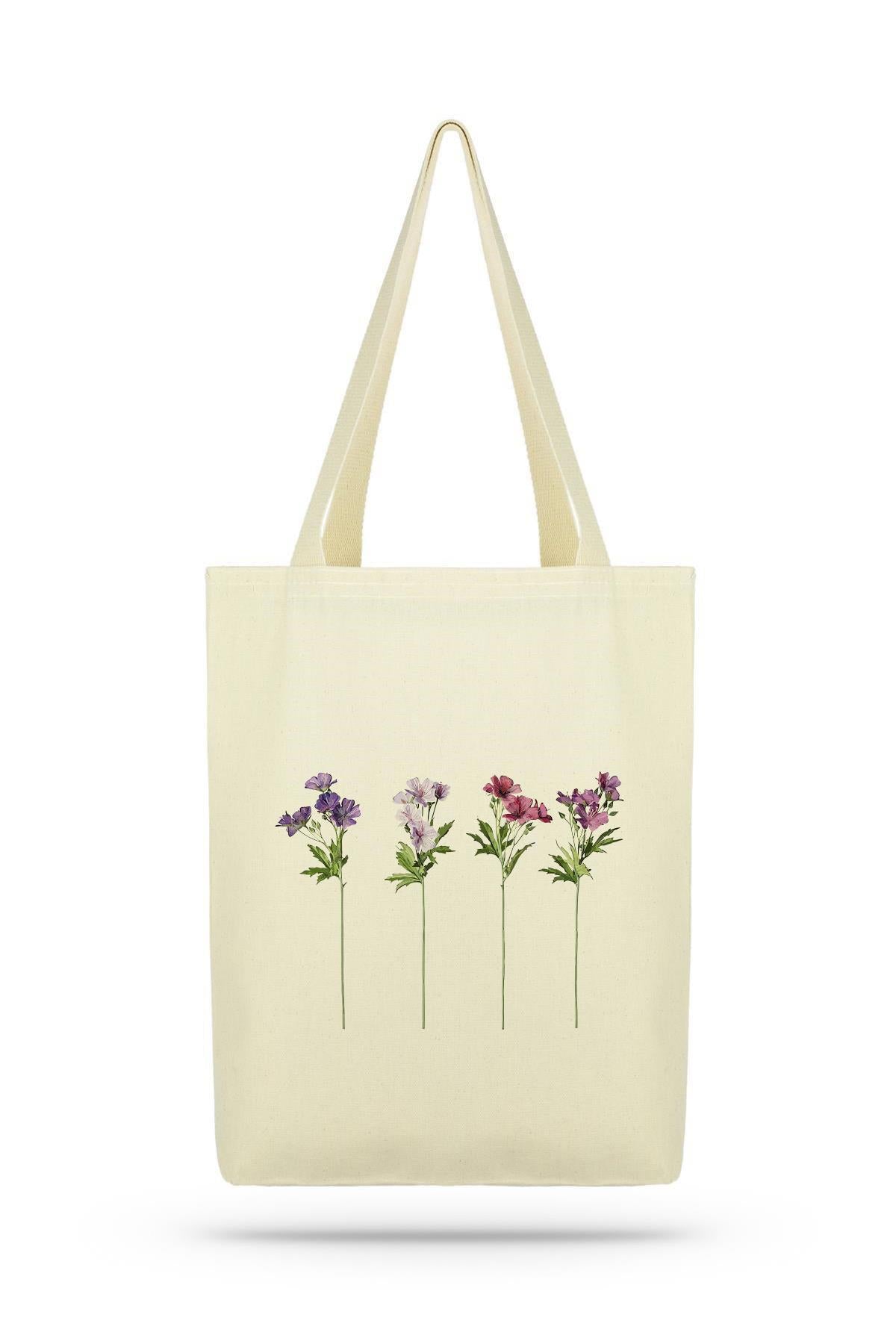 Paket Uzun Dallı Çiçekler Kanvas Kumaş Bez Çanta