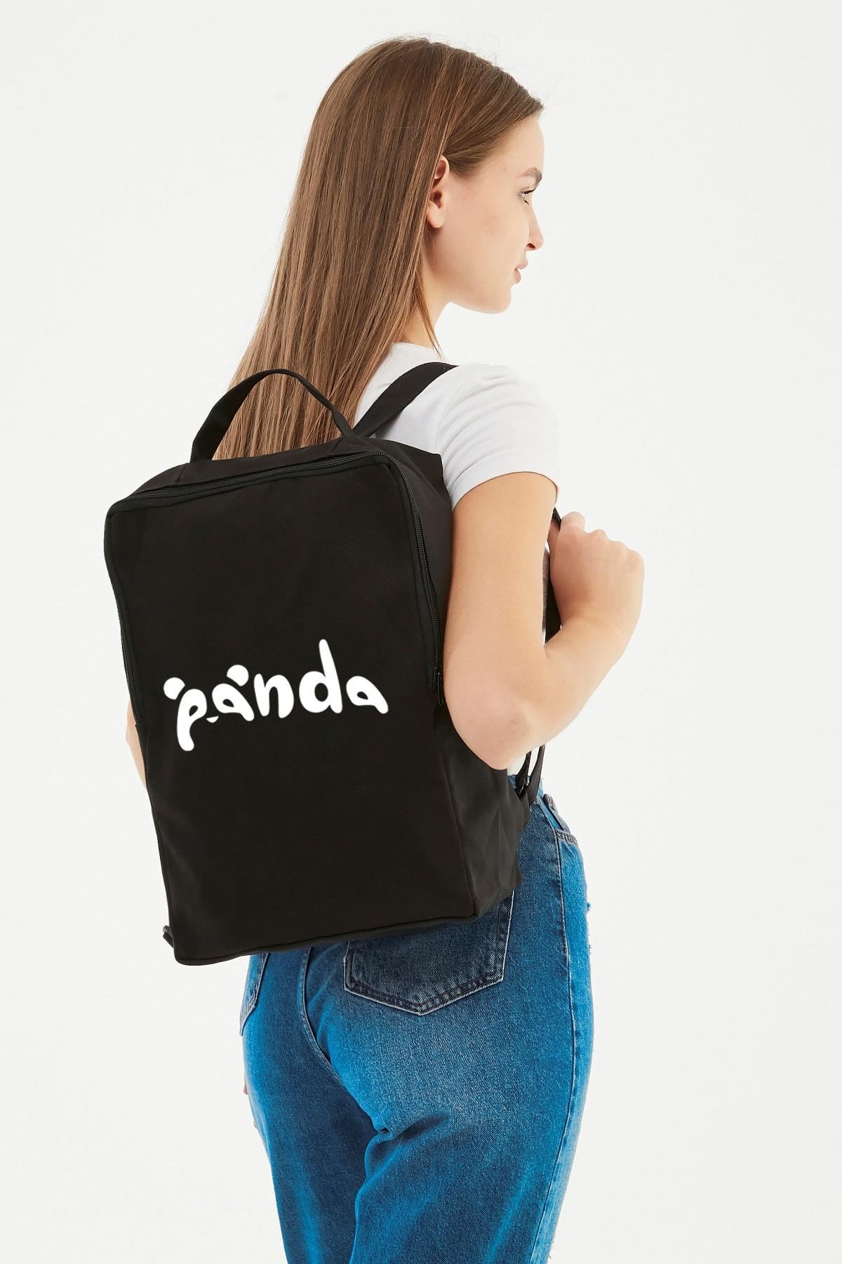Panda Baskılı Siyah Kanvas Sırt Çantası