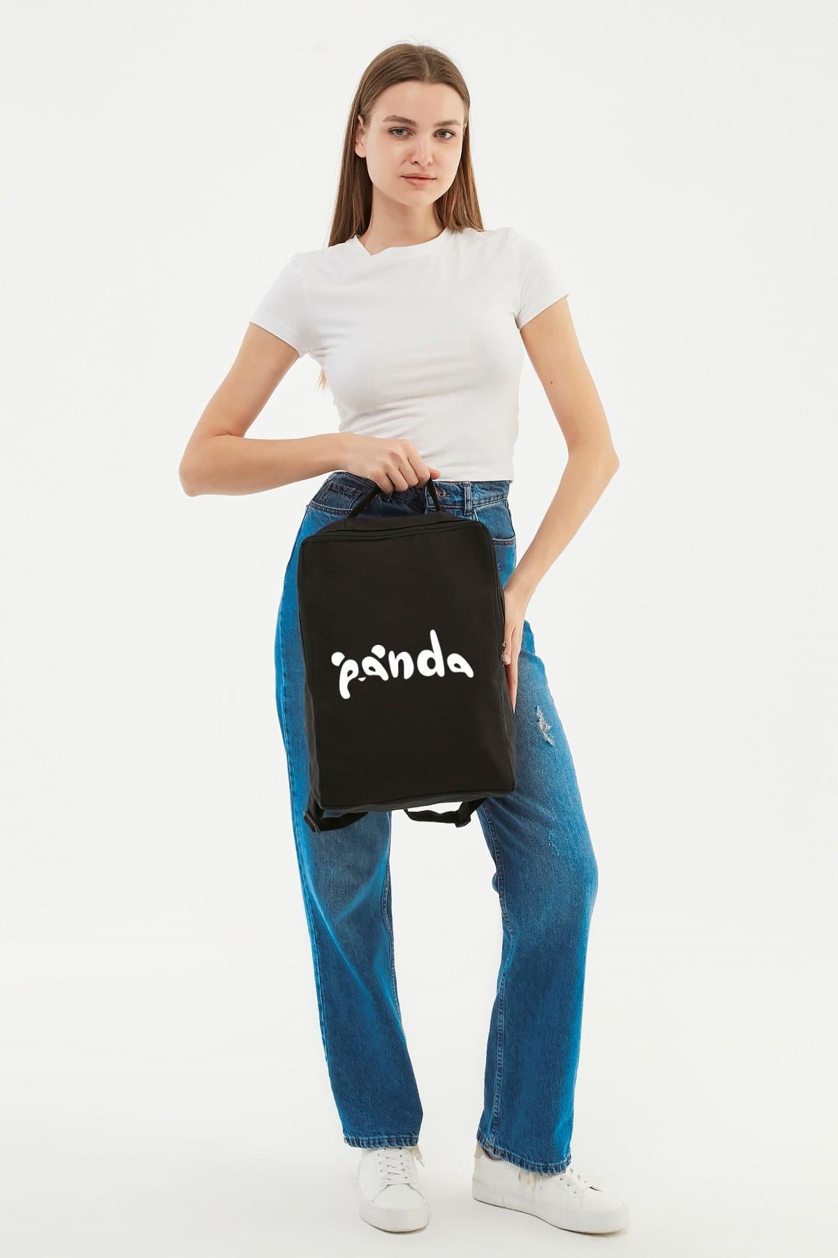 Panda Baskılı Siyah Kanvas Sırt Çantası