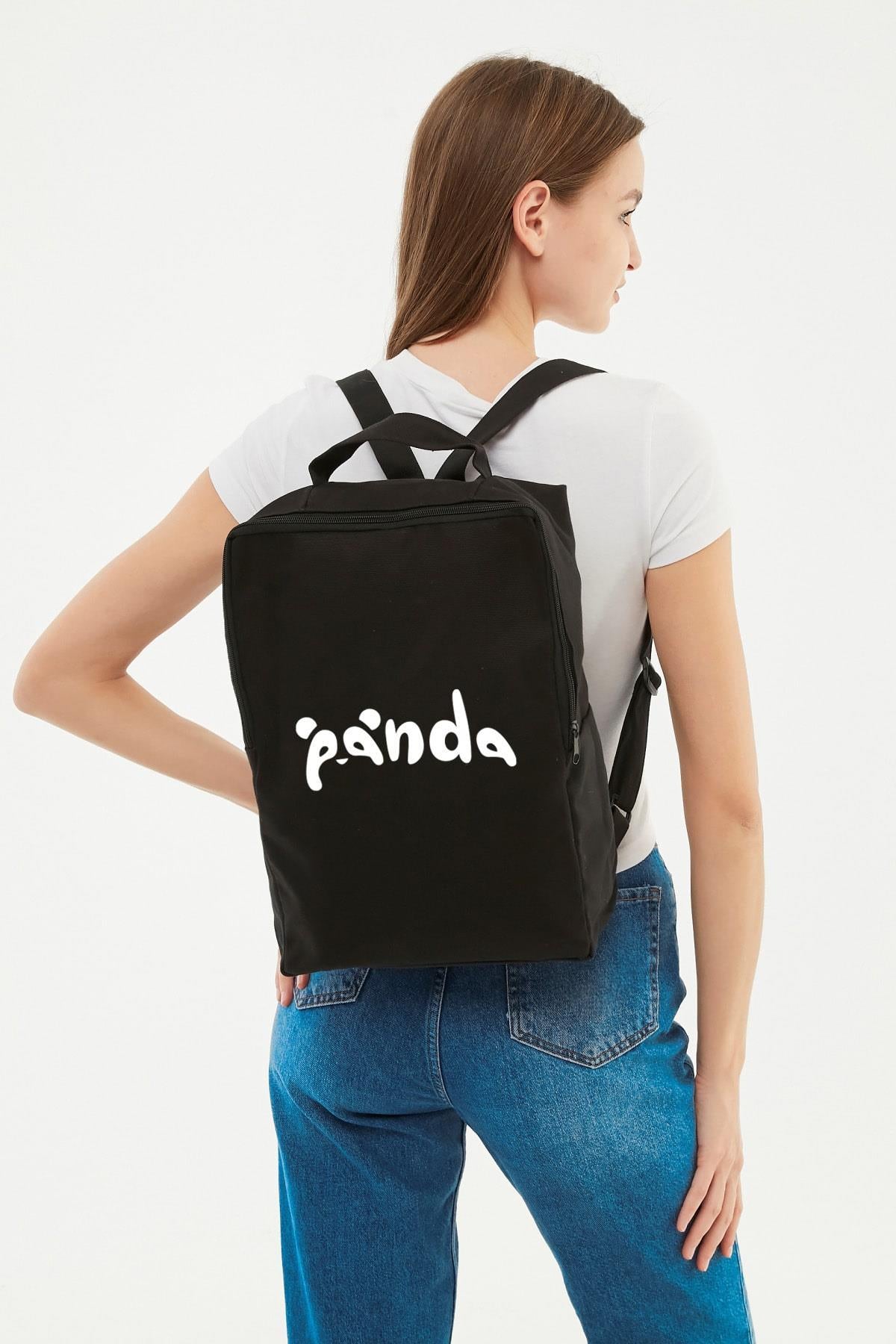 Panda Baskılı Siyah Kanvas Sırt Çantası