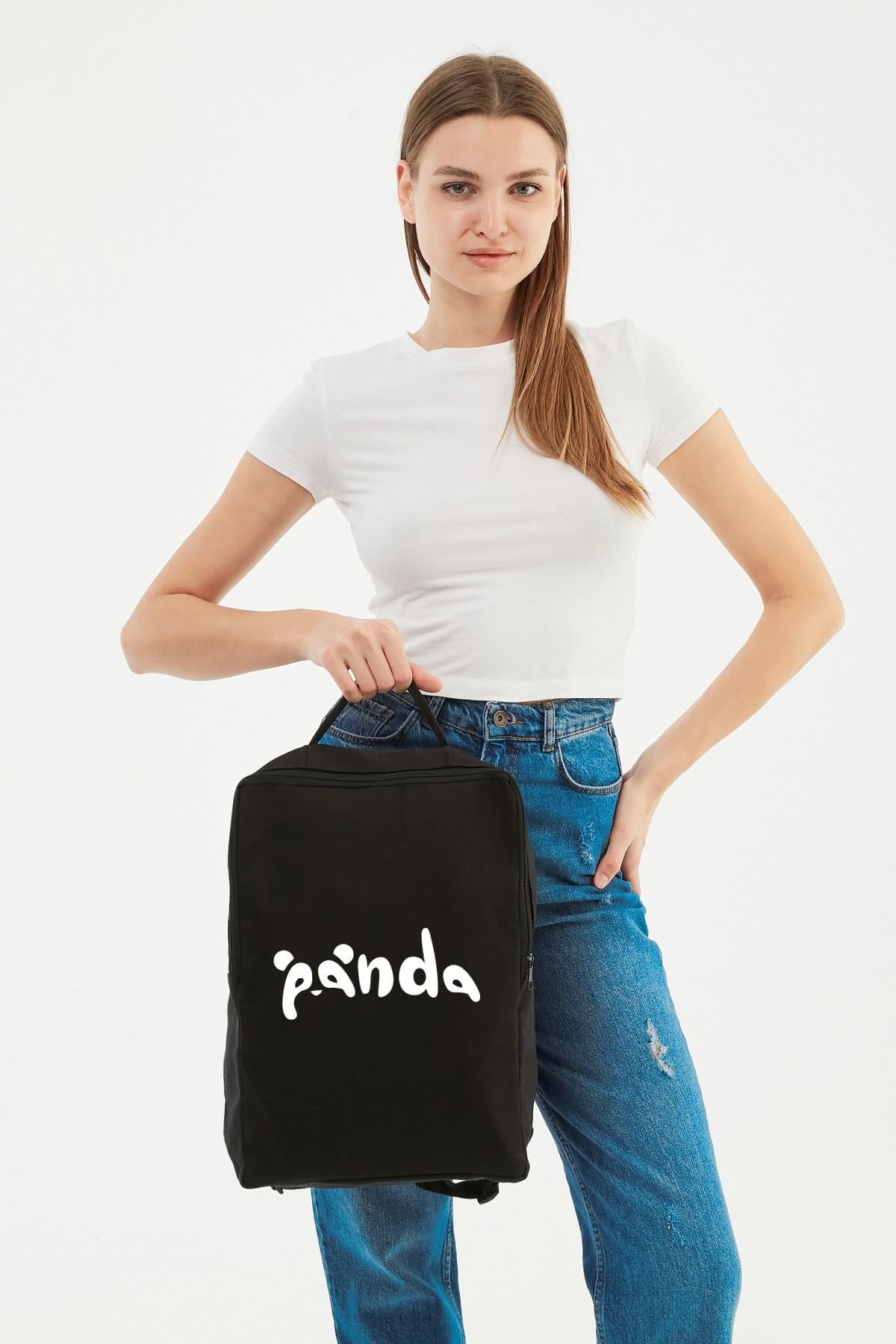Panda Baskılı Siyah Kanvas Sırt Çantası