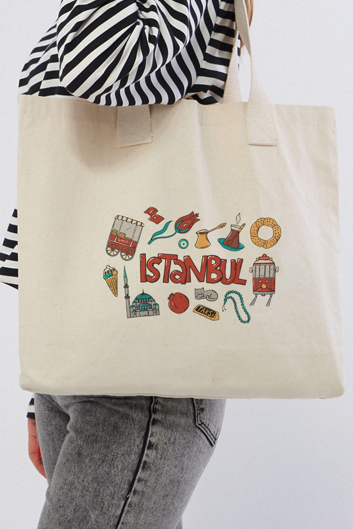 İstanbul Simit Çay Baskılı Yatay Kanvas Bez Çanta