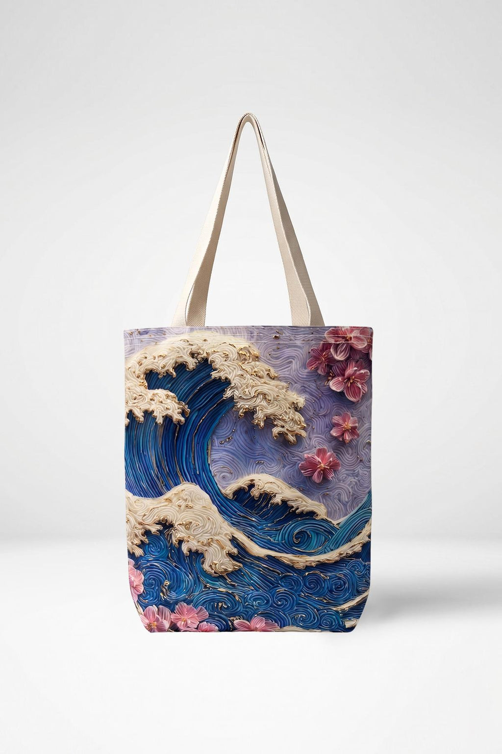 Kanagawa Dalga Ve Sakura Desenli Kanvas Bez Çanta