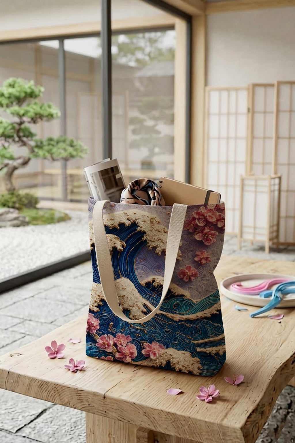 Kanagawa Dalga Ve Sakura Desenli Kanvas Bez Çanta