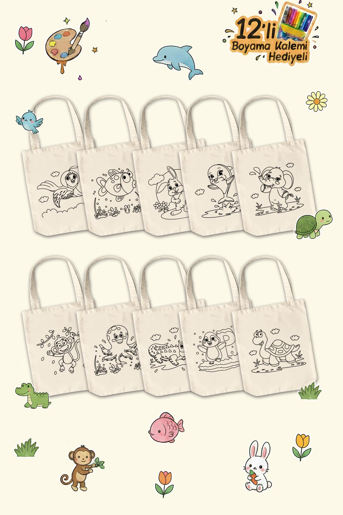 Şirin Hayvanlar Desenli Boyama Çantası - 10 Adet