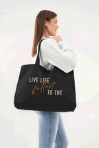 Siyah 3 Çıtlı Live Life Baskılı Büyük Boy Kanvas Çanta