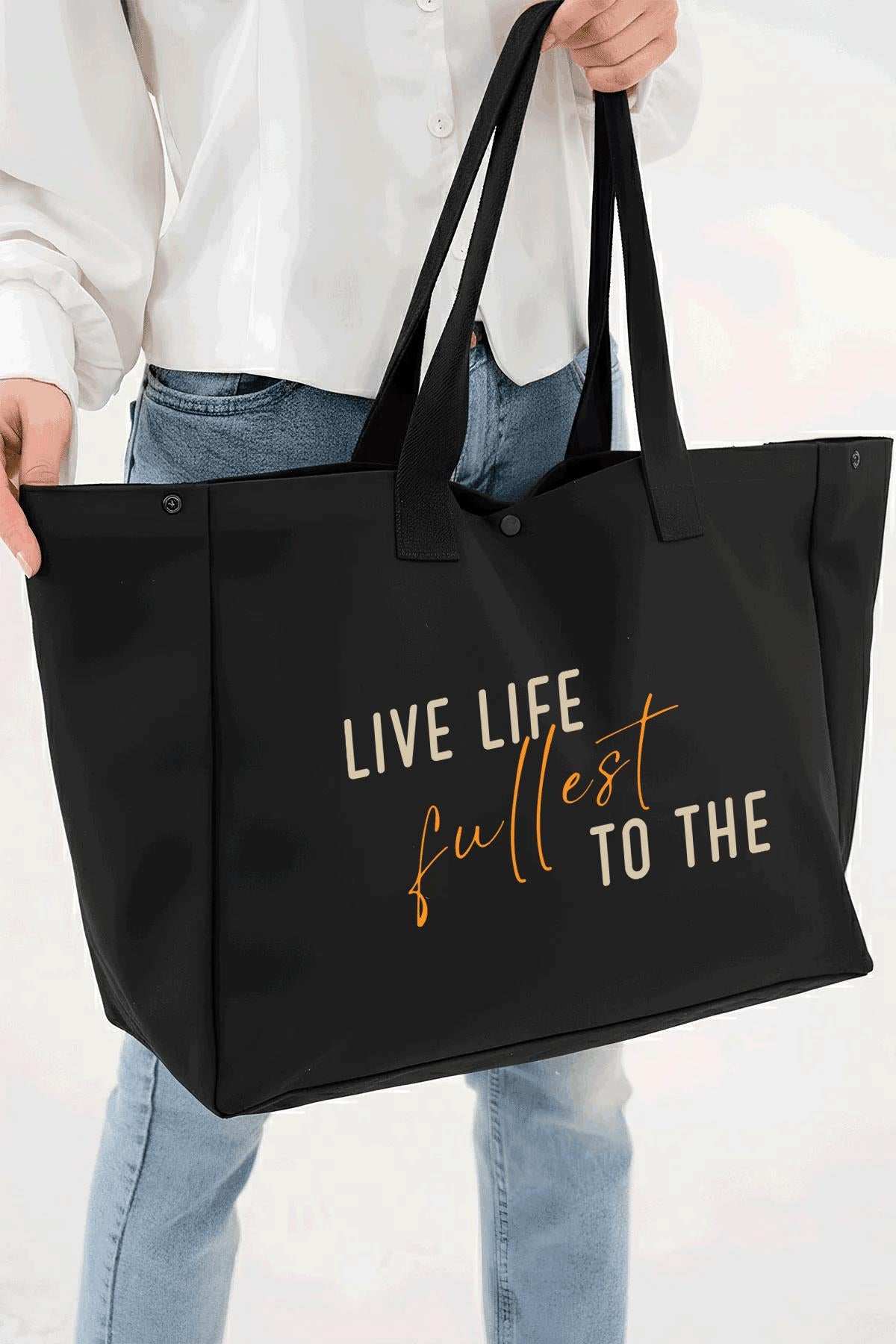 Siyah 3 Çıtlı Live Life Baskılı Büyük Boy Kanvas Çanta