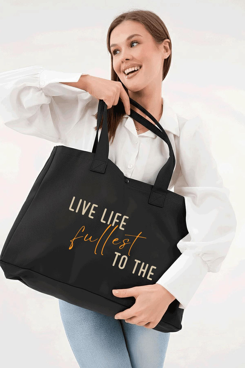 Siyah 3 Çıtlı Live Life Baskılı Büyük Boy Kanvas Çanta