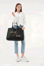 Siyah 3 Çıtlı Live Life Baskılı Büyük Boy Kanvas Çanta