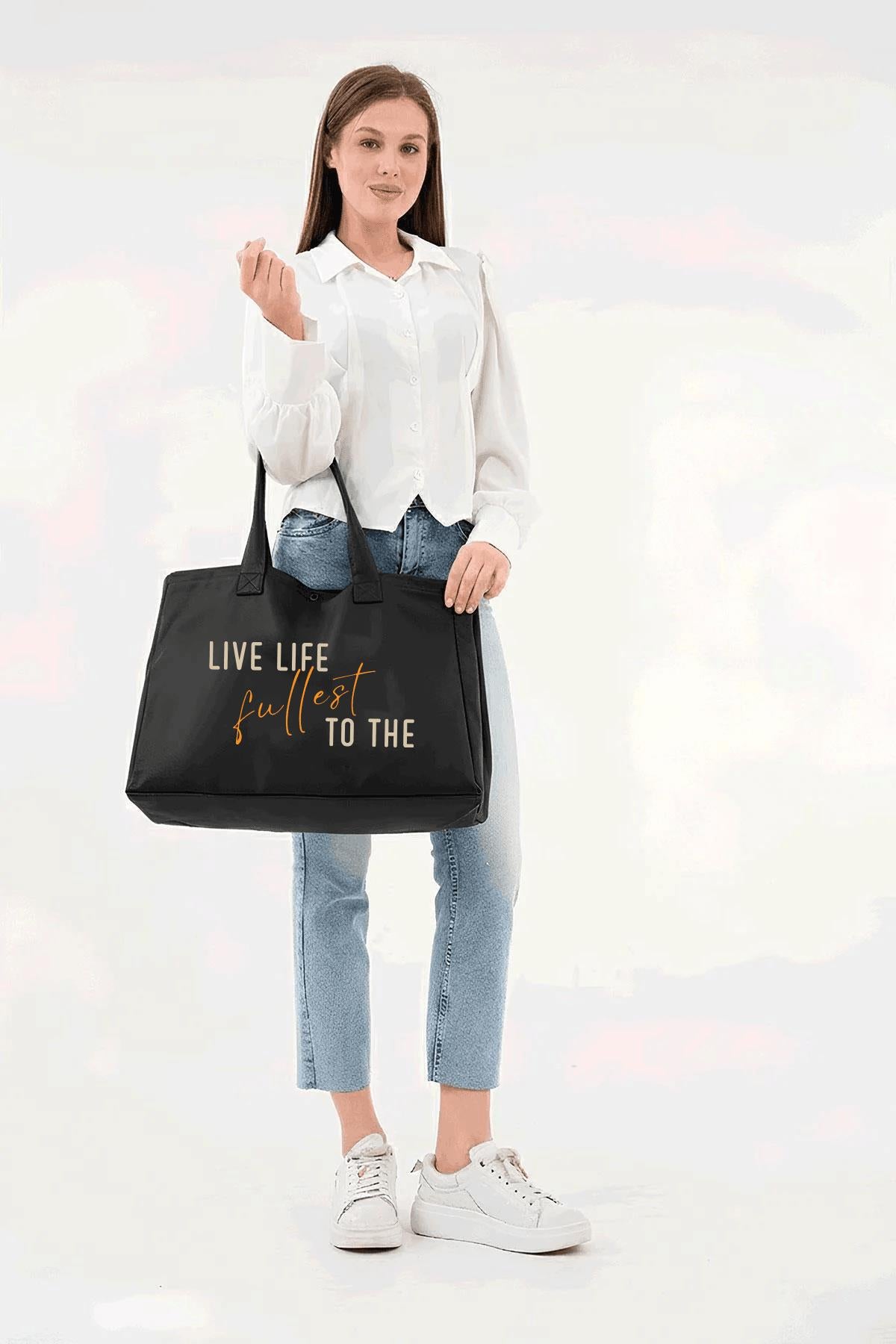 Siyah 3 Çıtlı Live Life Baskılı Büyük Boy Kanvas Çanta