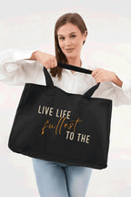 Siyah 3 Çıtlı Live Life Baskılı Büyük Boy Kanvas Çanta
