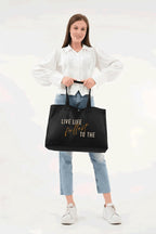 Siyah 3 Çıtlı Live Life Baskılı Büyük Boy Kanvas Çanta