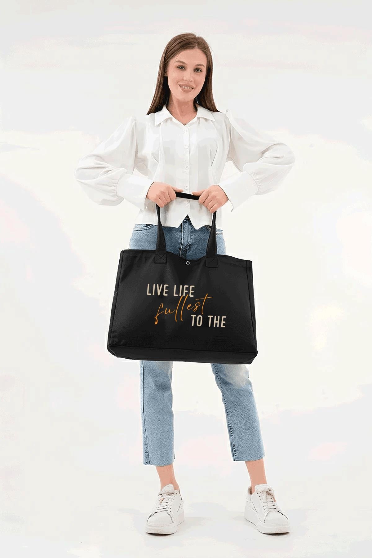 Siyah 3 Çıtlı Live Life Baskılı Büyük Boy Kanvas Çanta
