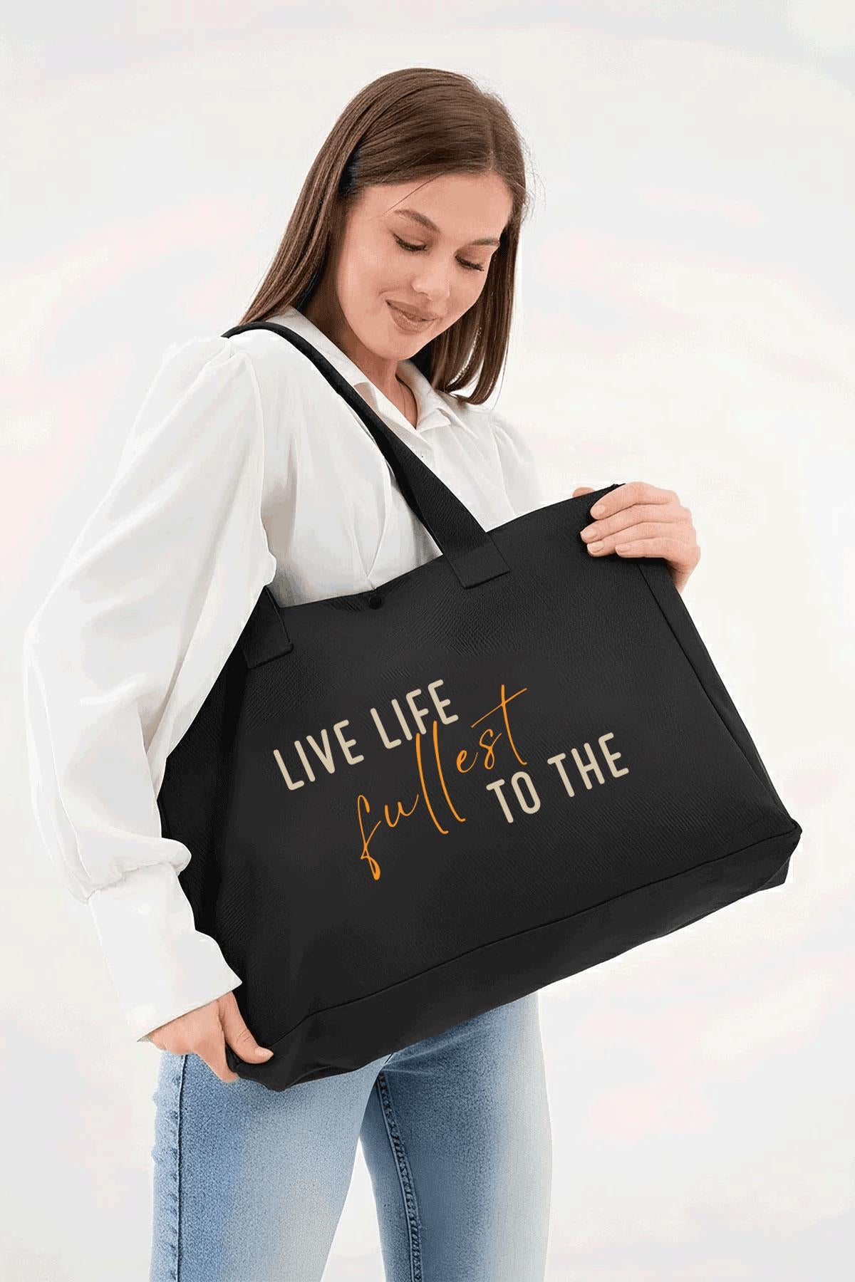 Siyah 3 Çıtlı Live Life Baskılı Büyük Boy Kanvas Çanta