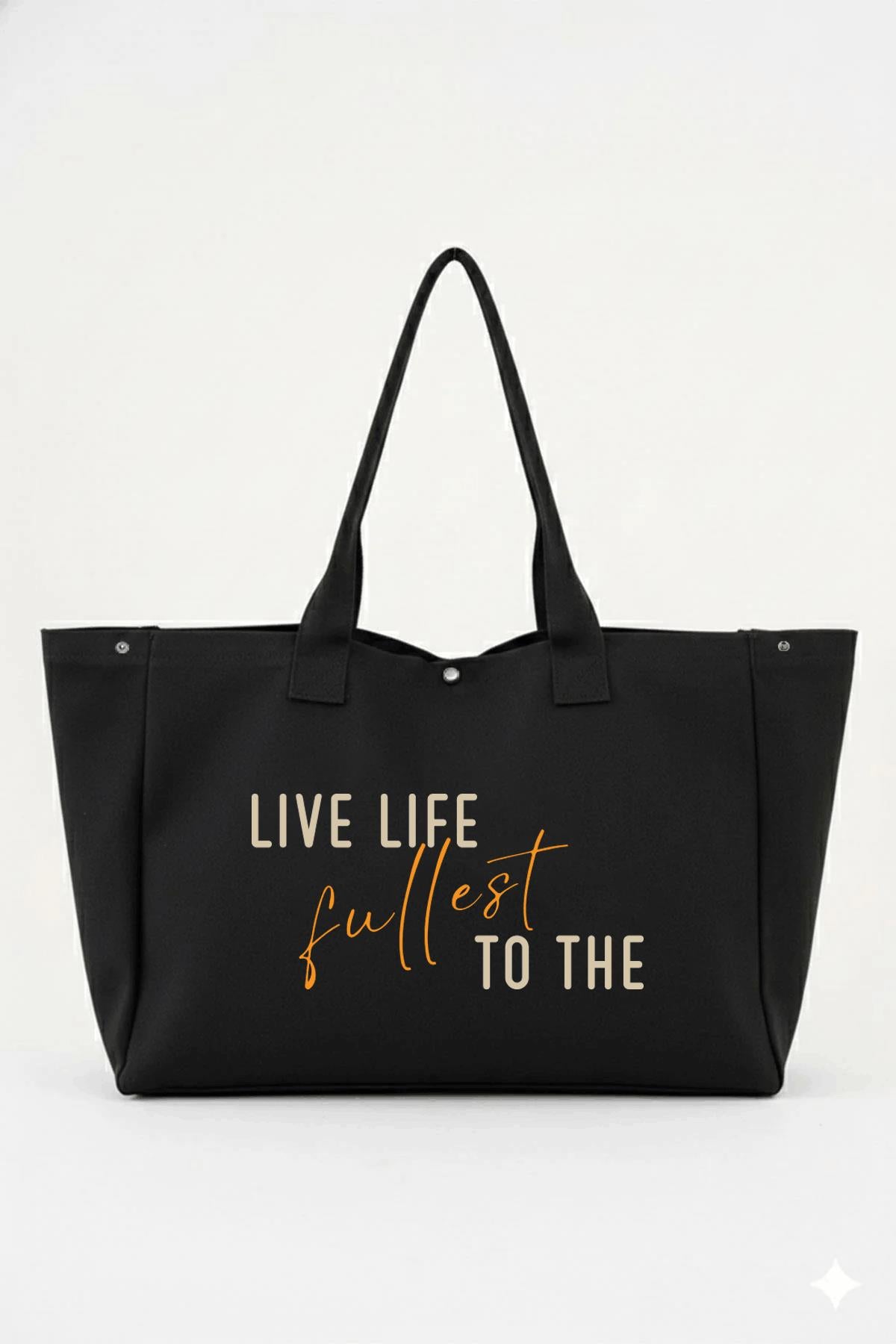 Siyah 3 Çıtlı Live Life Baskılı Büyük Boy Kanvas Çanta