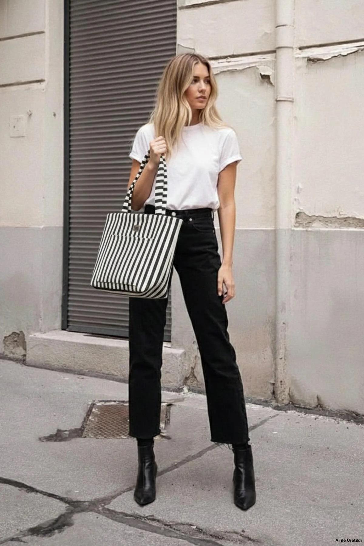 Siyah Çizgili Dokuma Kumaş Çanta