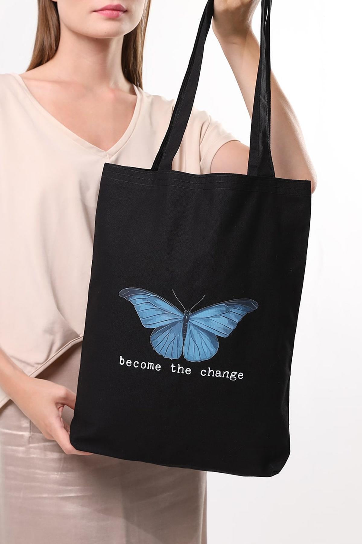 Siyah Kanvas Become The Change Baskılı Çanta