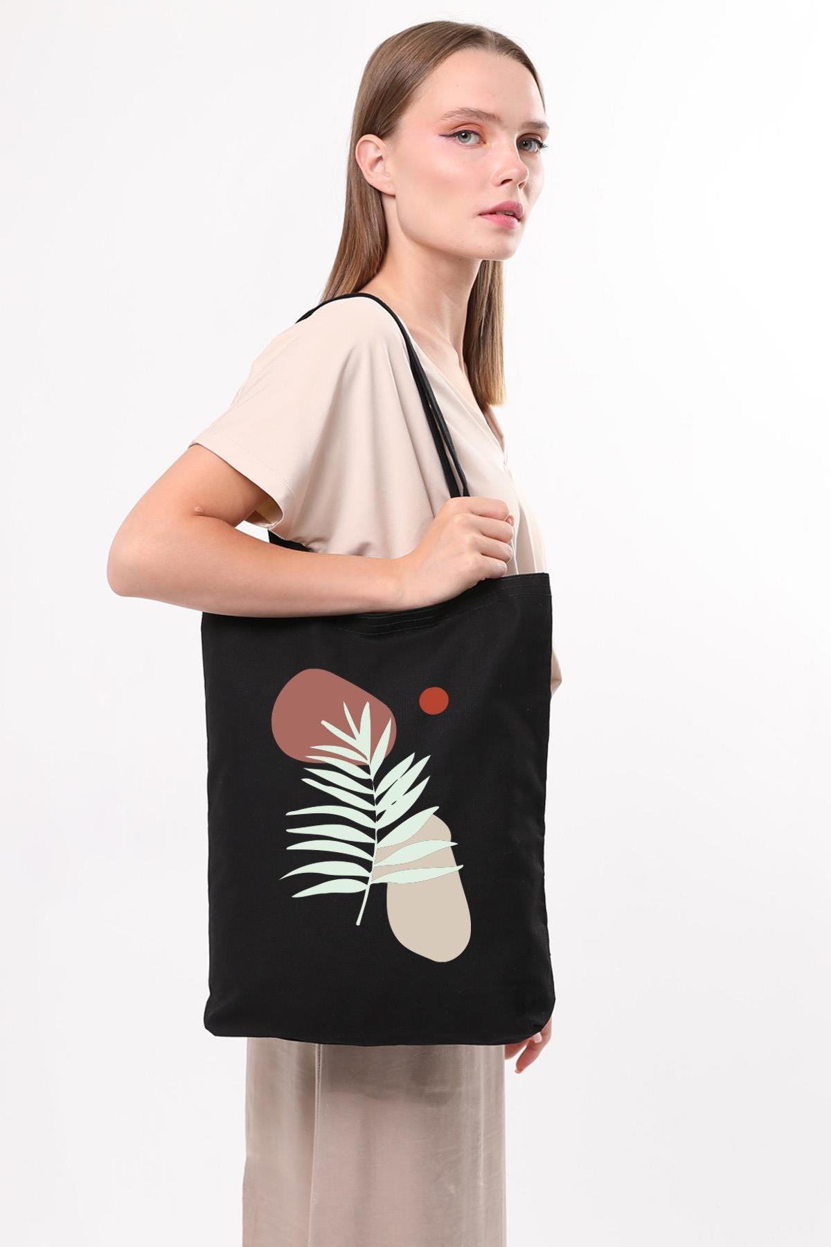Siyah Kanvas Black Art Leaf Baskılı Çanta
