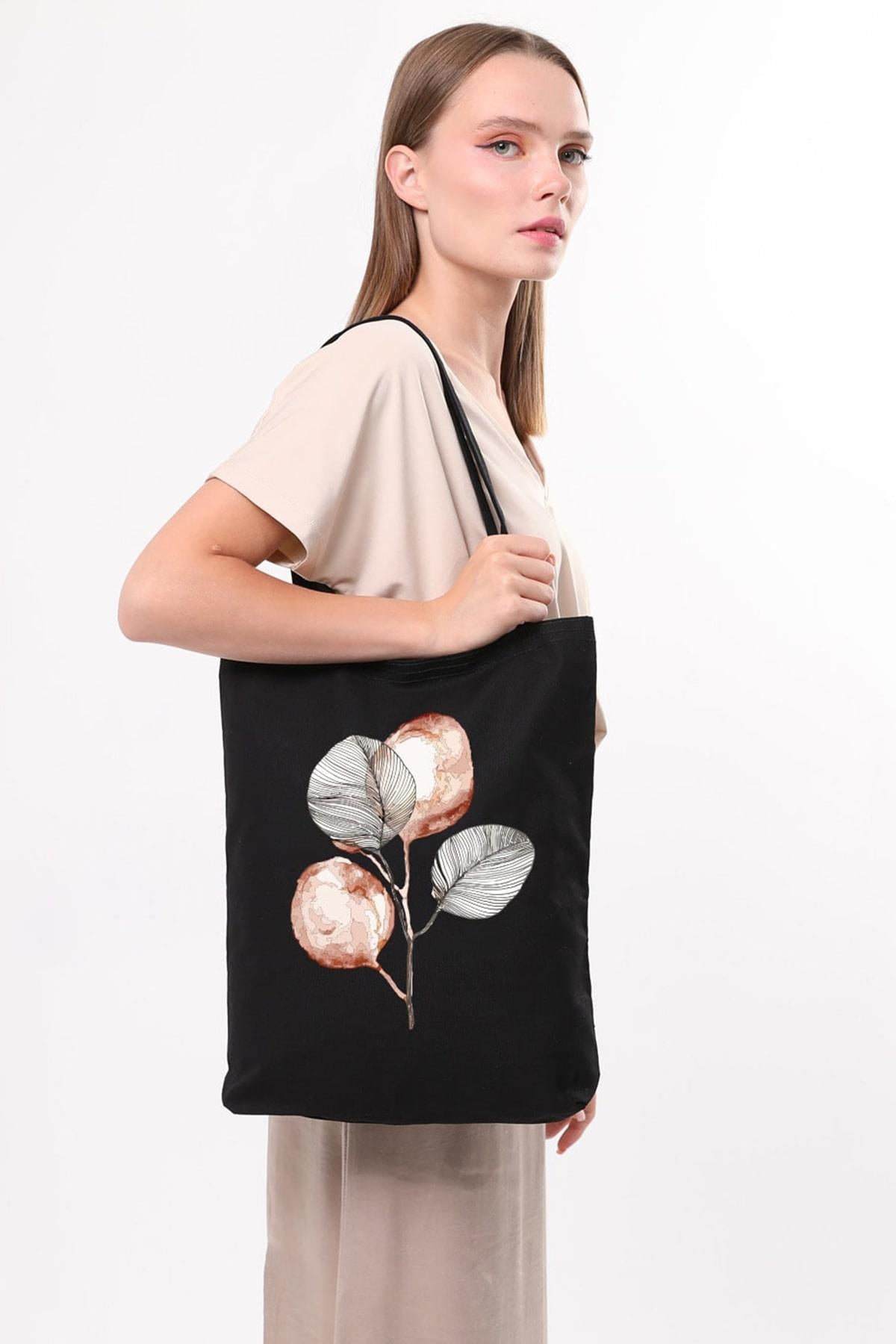 Siyah Kanvas Brown Flower Baskılı Çanta
