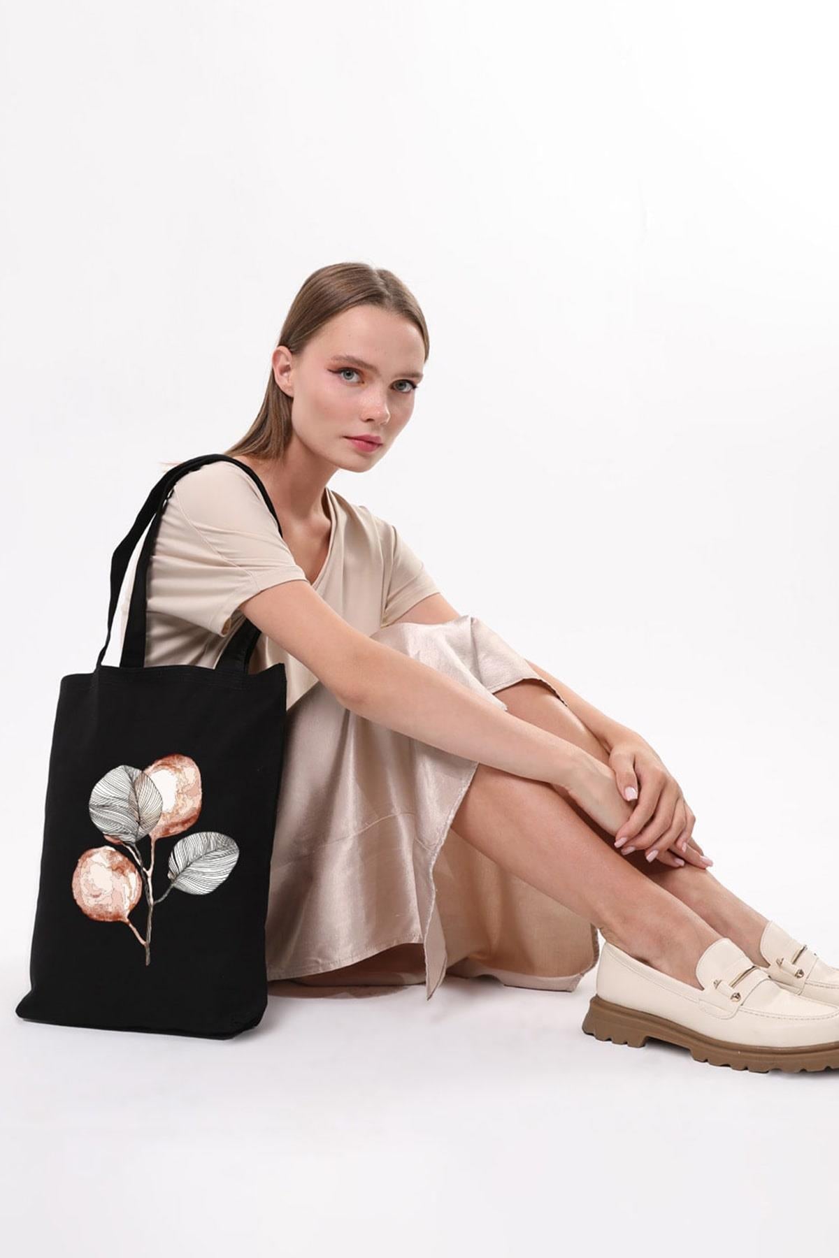 Siyah Kanvas Brown Flower Baskılı Çanta