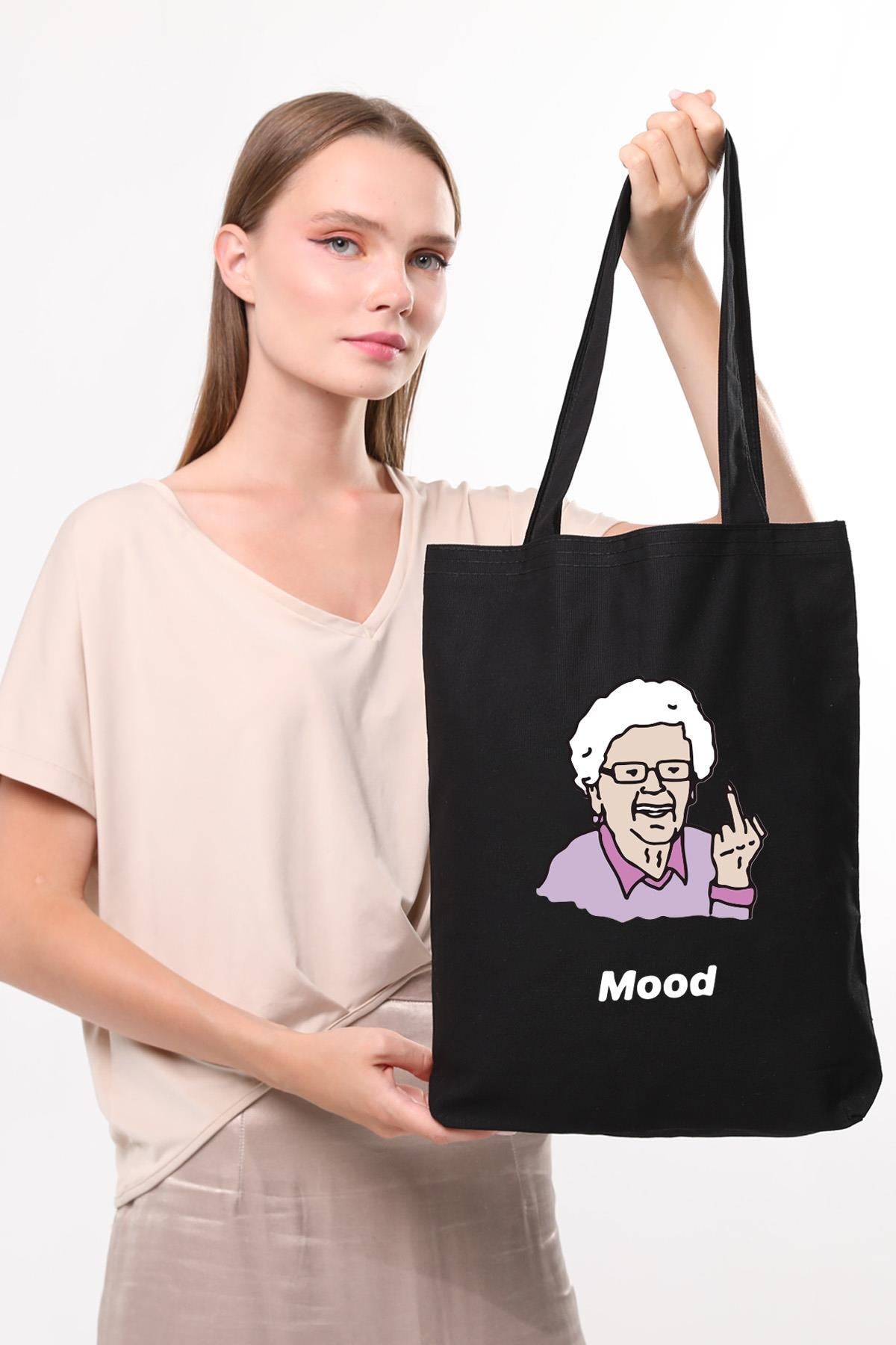 Siyah Kanvas Büyükanne Mood Baskılı Çanta
