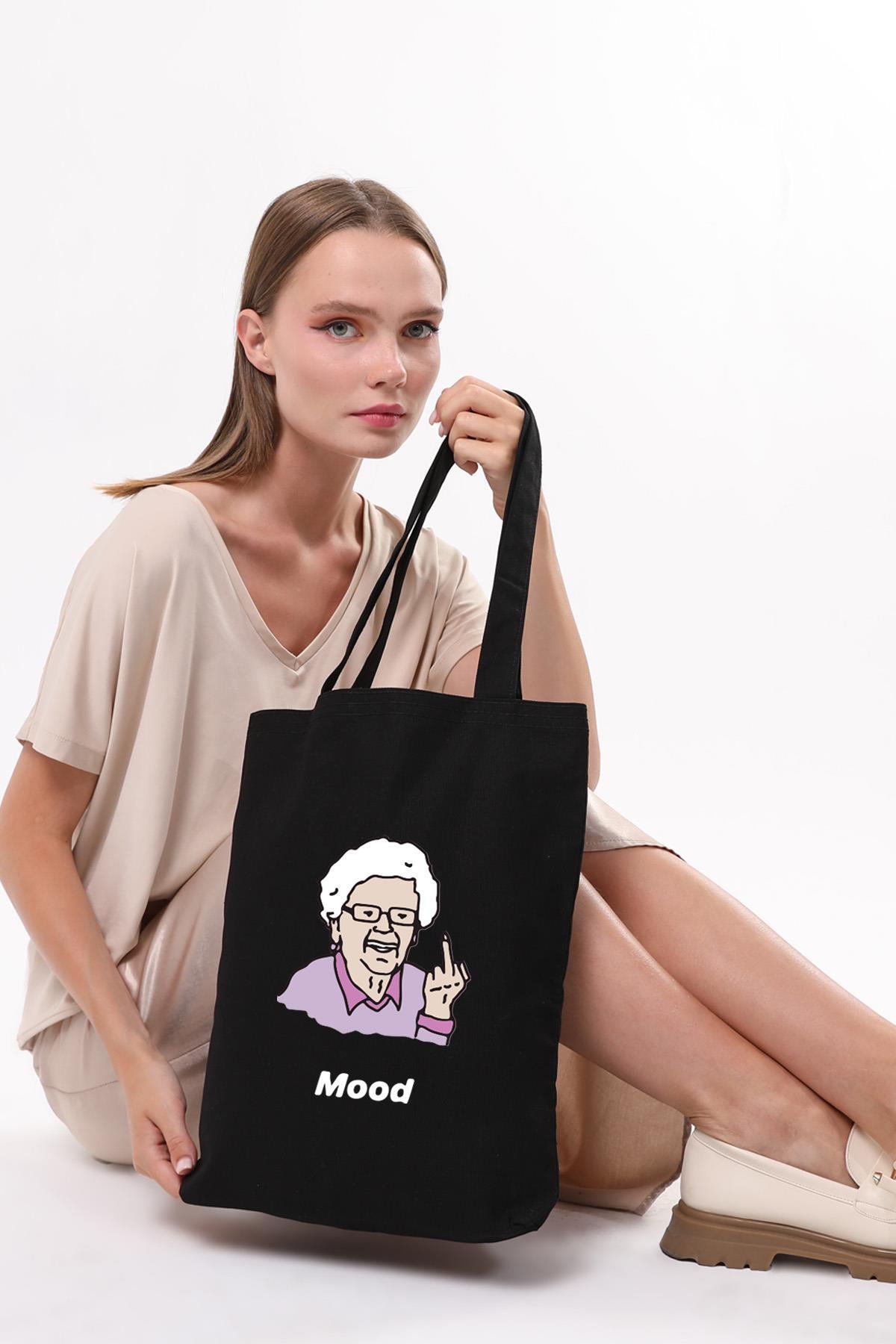 Siyah Kanvas Büyükanne Mood Baskılı Çanta