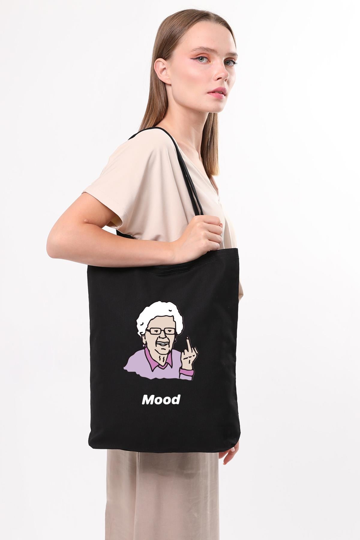 Siyah Kanvas Büyükanne Mood Baskılı Çanta