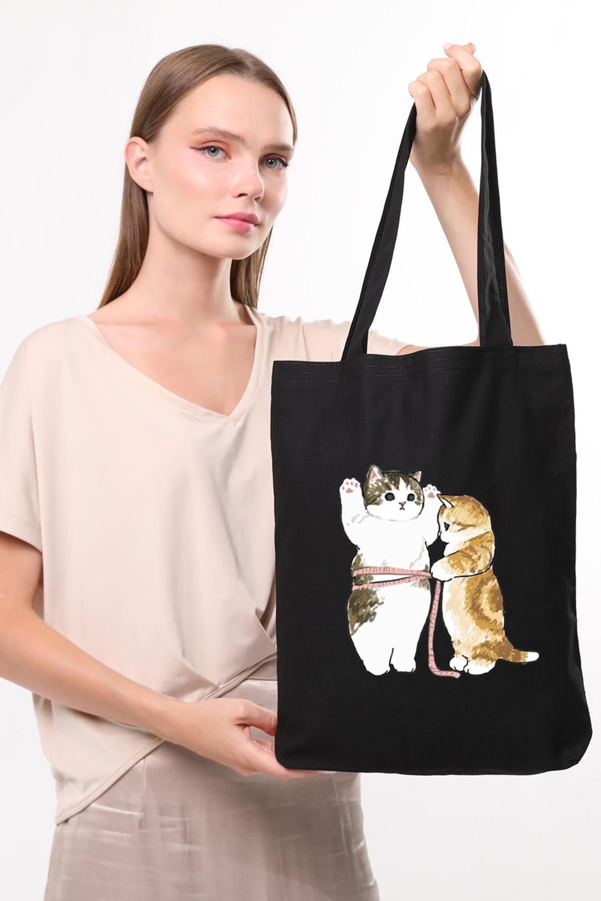 Siyah Kanvas Cats Size Baskılı Çanta