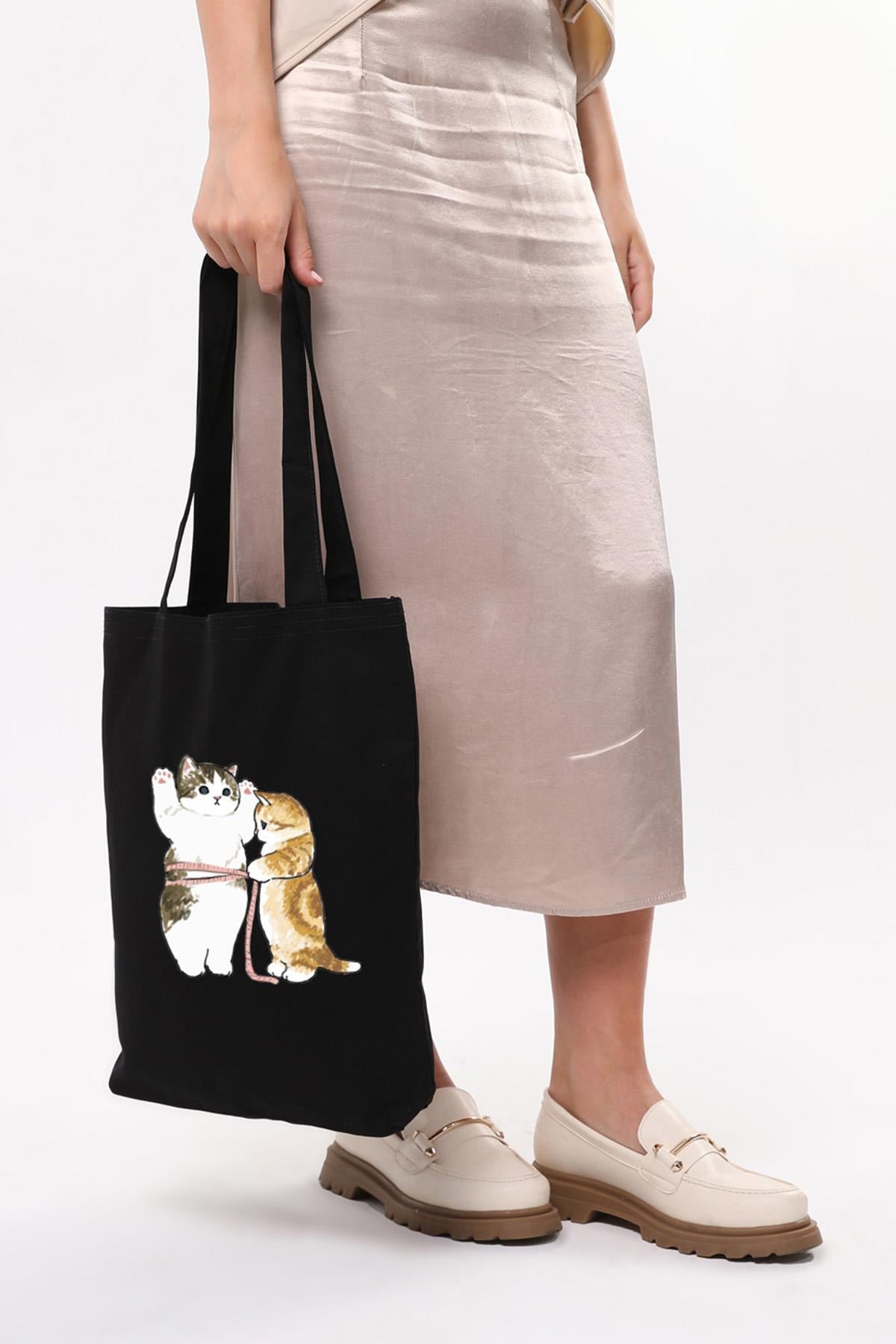 Siyah Kanvas Cats Size Baskılı Çanta