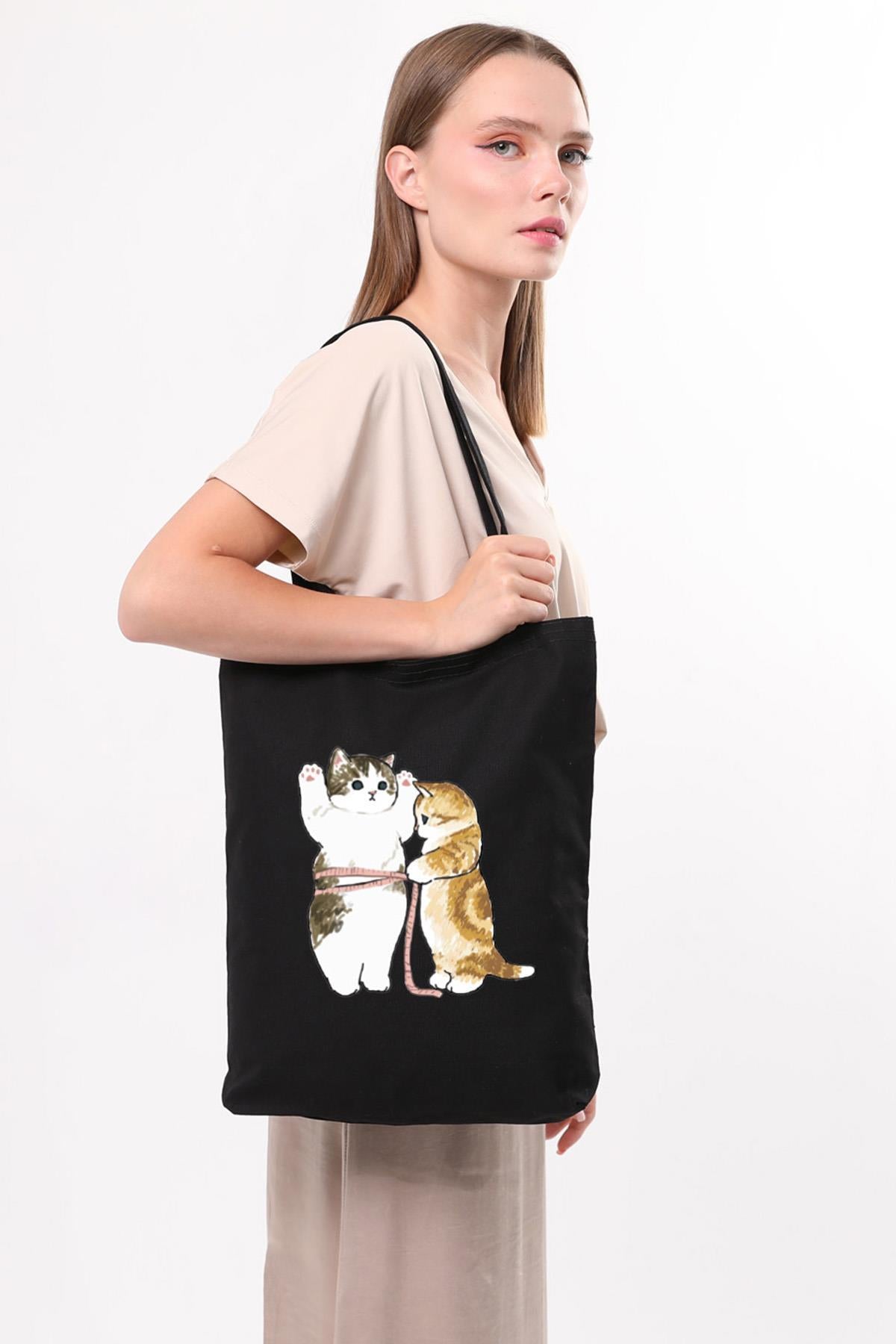 Siyah Kanvas Cats Size Baskılı Çanta