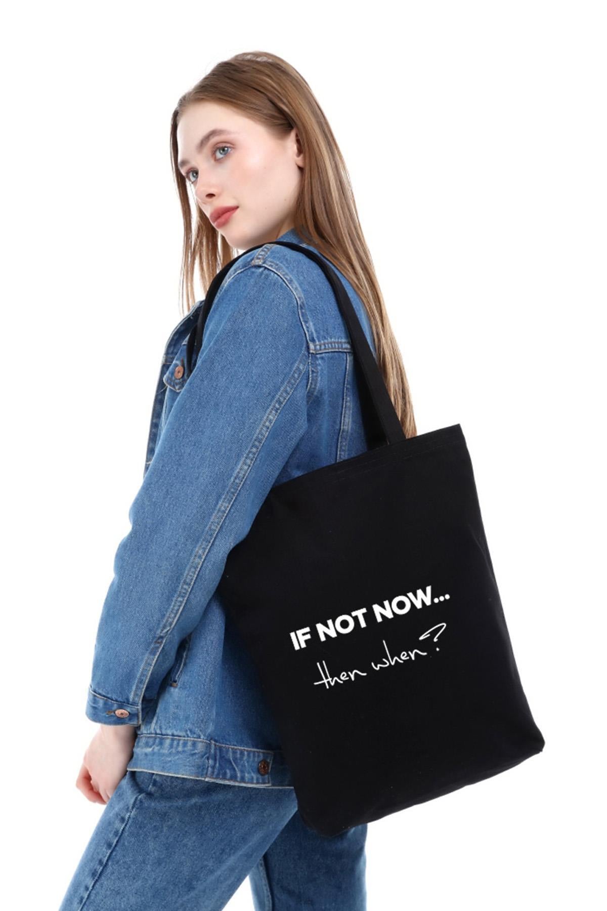Siyah Kanvas If Not Now Baskılı Çanta