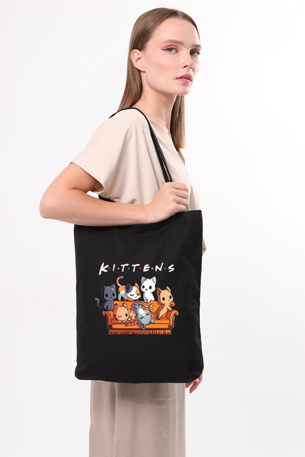 Siyah Kanvas Kittens Baskılı Çanta