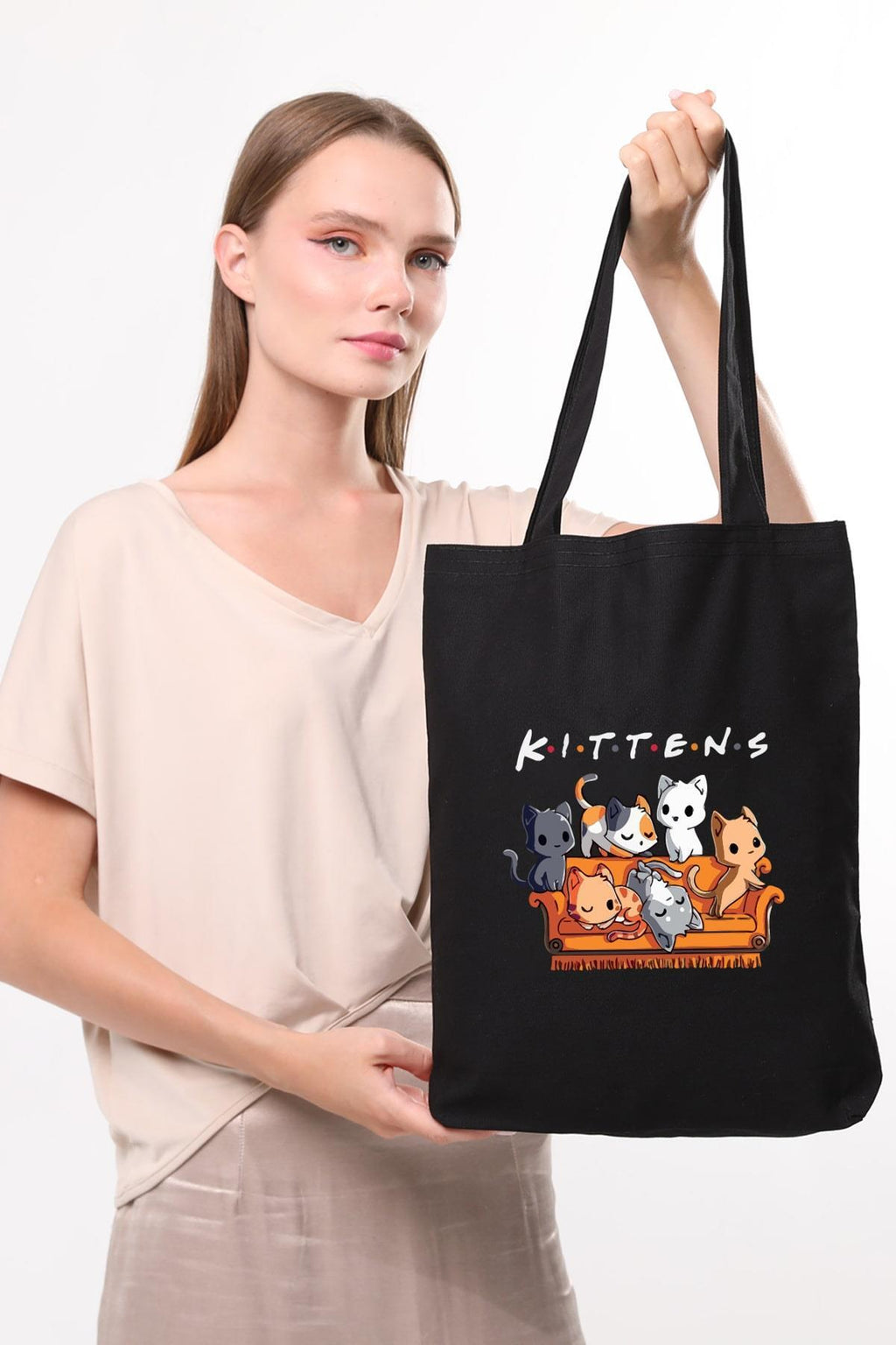 Siyah Kanvas Kittens Baskılı Çanta