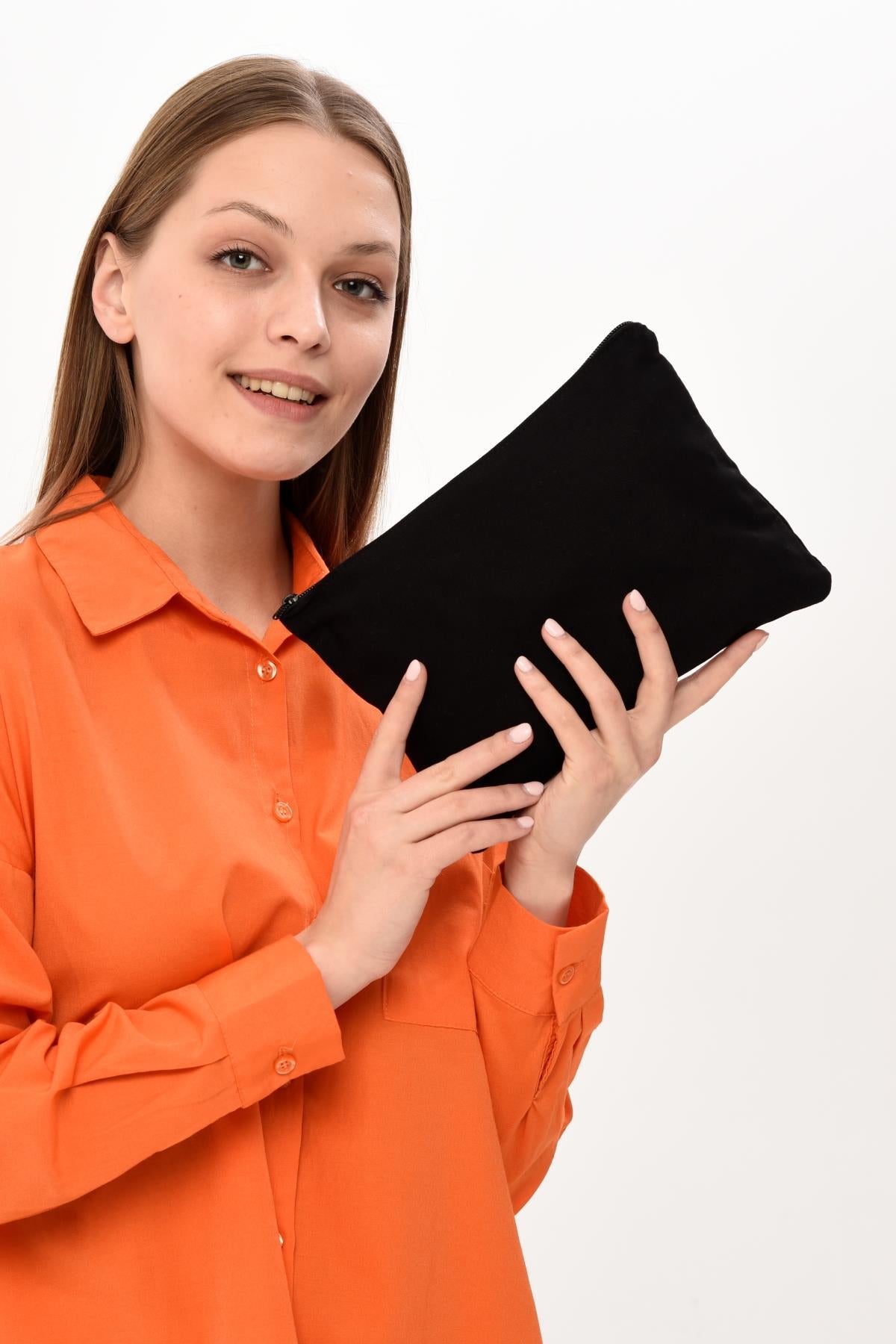 SİYAH Kanvas Kumaş Clutch Çanta ( 25x18cm)
