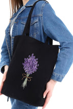 Siyah Kanvas Lavender Bunch Baskılı Çanta