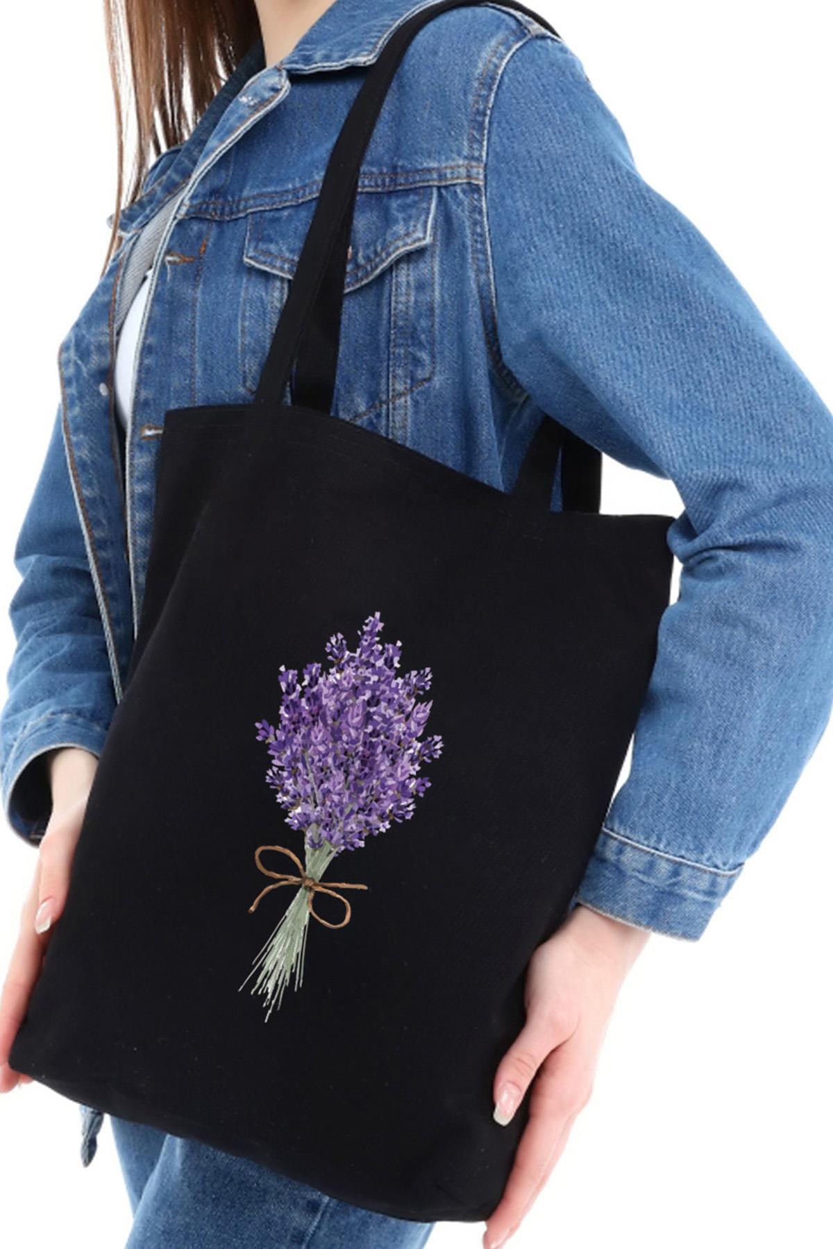 Siyah Kanvas Lavender Bunch Baskılı Çanta