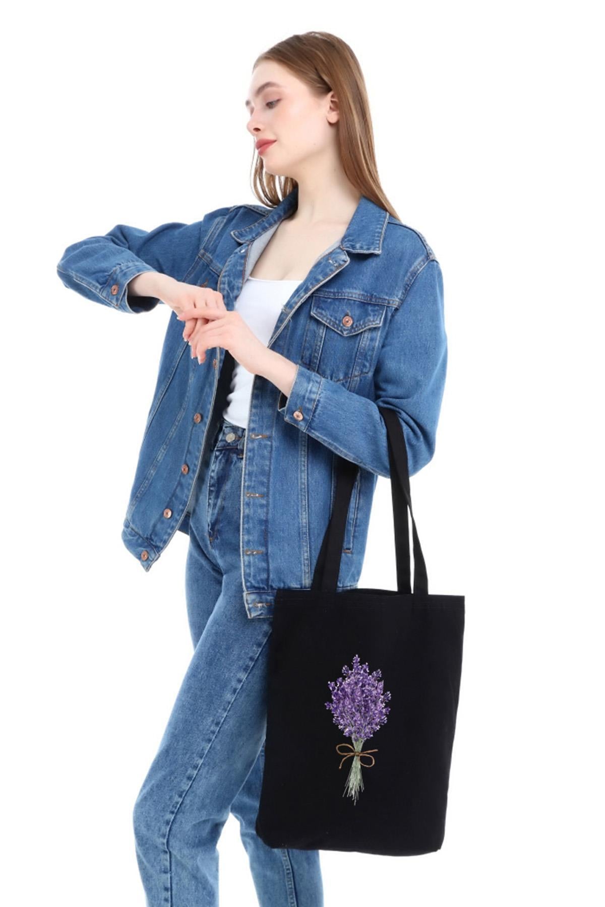 Siyah Kanvas Lavender Bunch Baskılı Çanta
