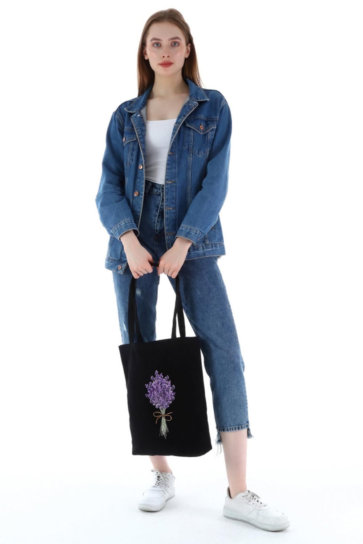 Siyah Kanvas Lavender Bunch Baskılı Çanta