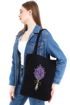 Siyah Kanvas Lavender Bunch Baskılı Çanta