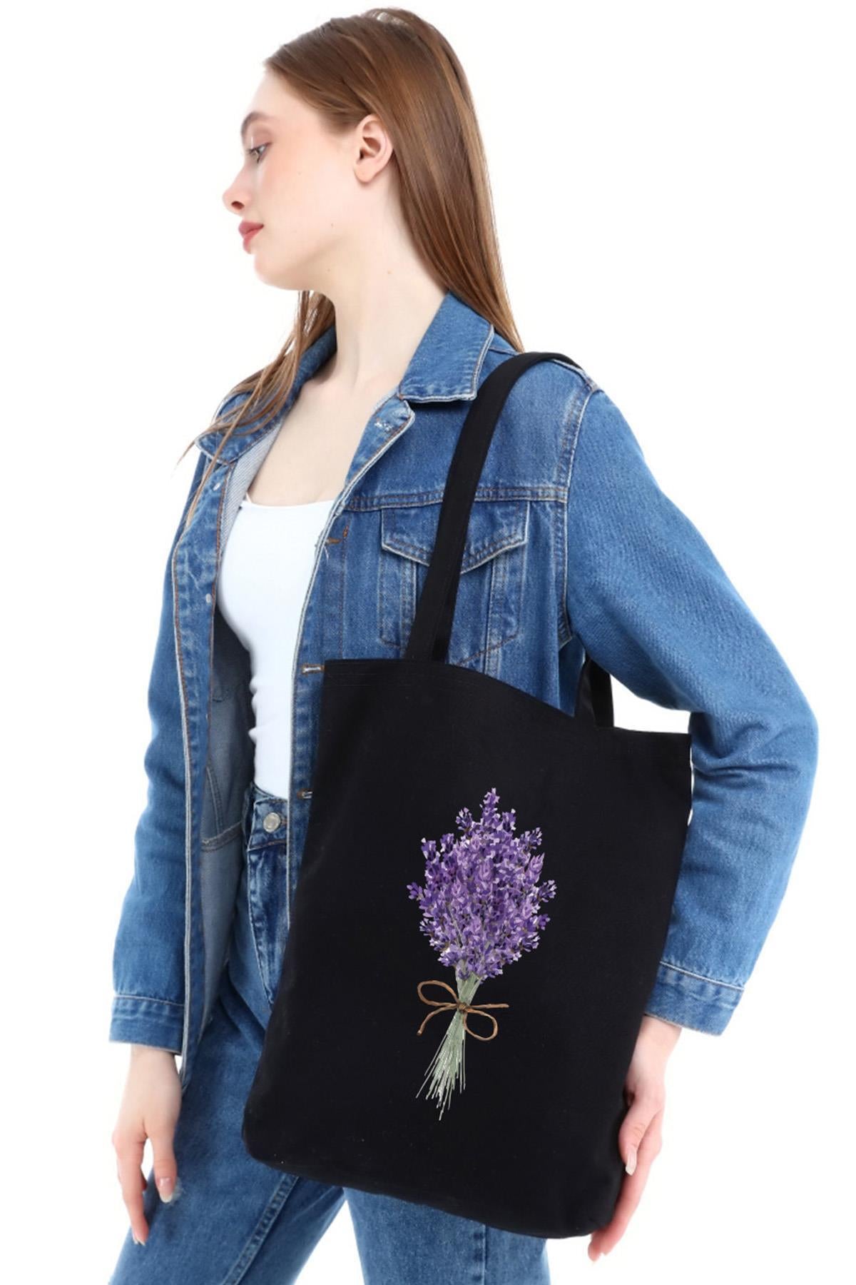 Siyah Kanvas Lavender Bunch Baskılı Çanta
