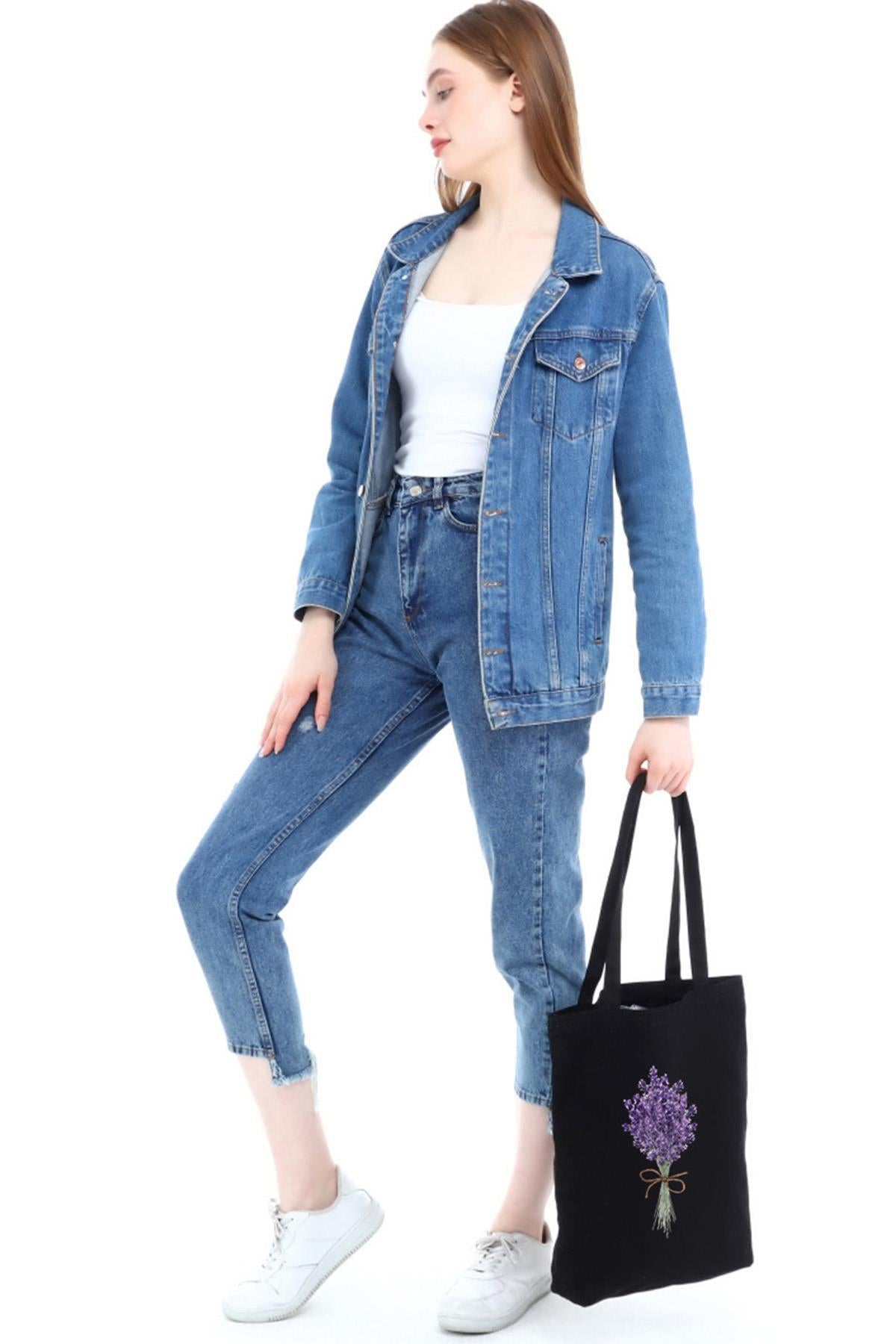 Siyah Kanvas Lavender Bunch Baskılı Çanta