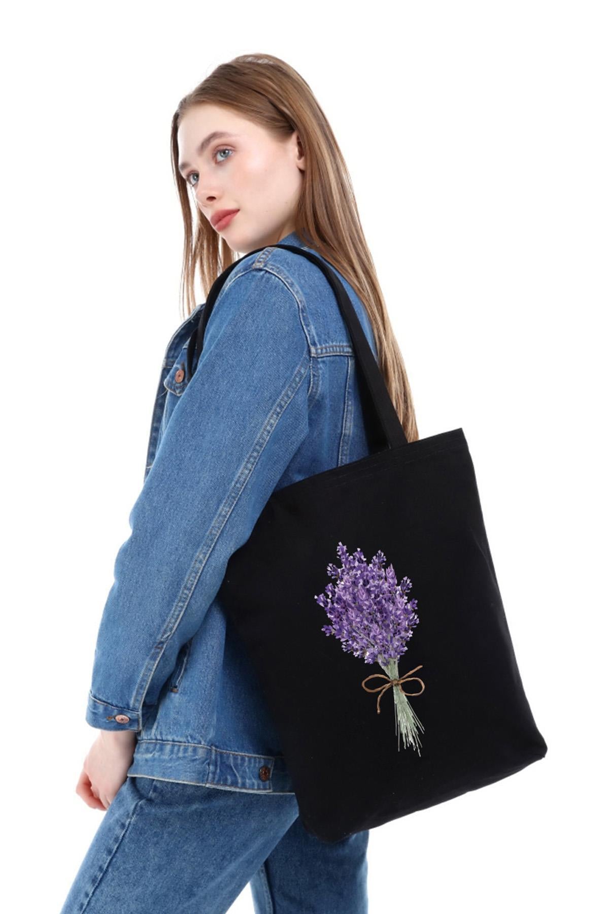Siyah Kanvas Lavender Bunch Baskılı Çanta