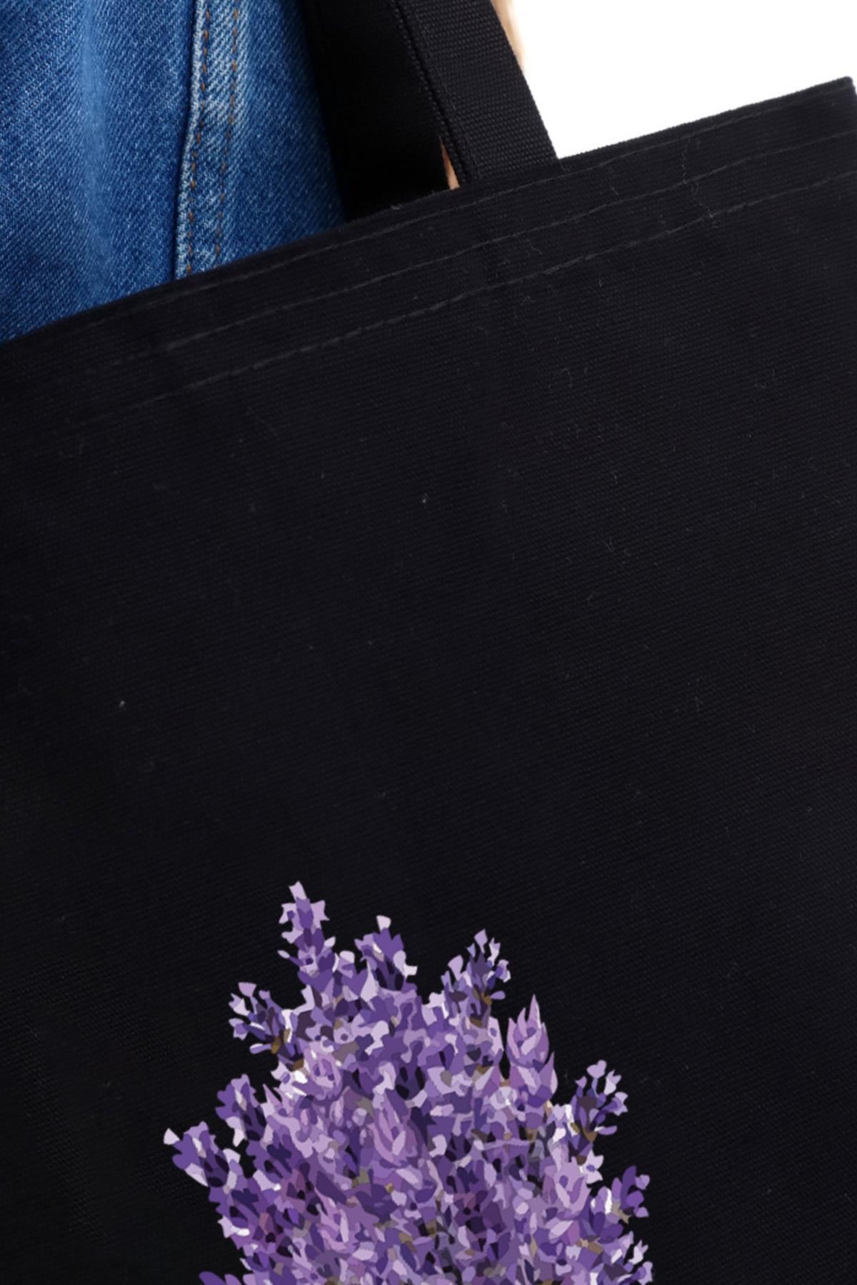 Siyah Kanvas Lavender Bunch Baskılı Çanta