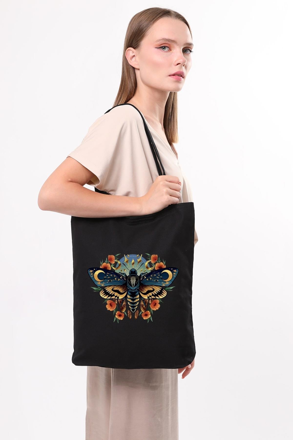 Siyah Kanvas Night Butterfly Baskılı Çanta