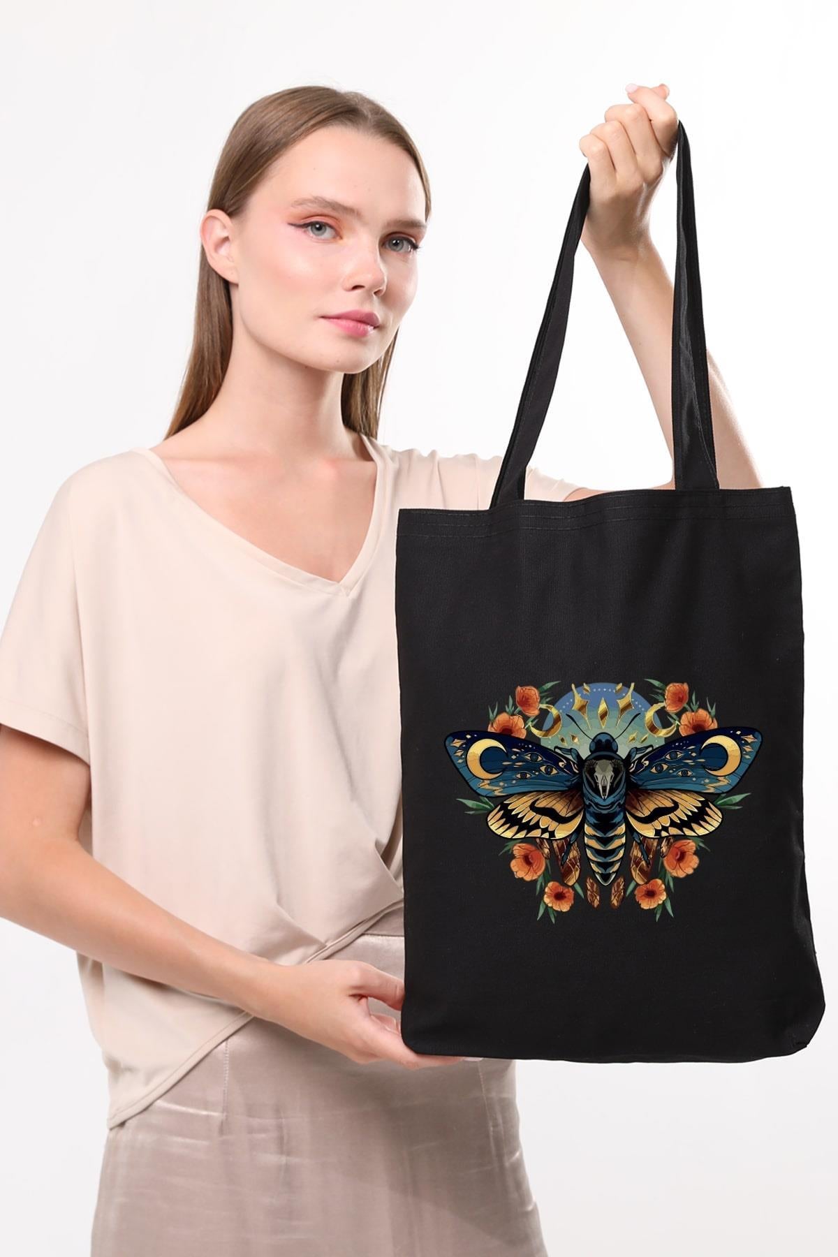 Siyah Kanvas Night Butterfly Baskılı Çanta