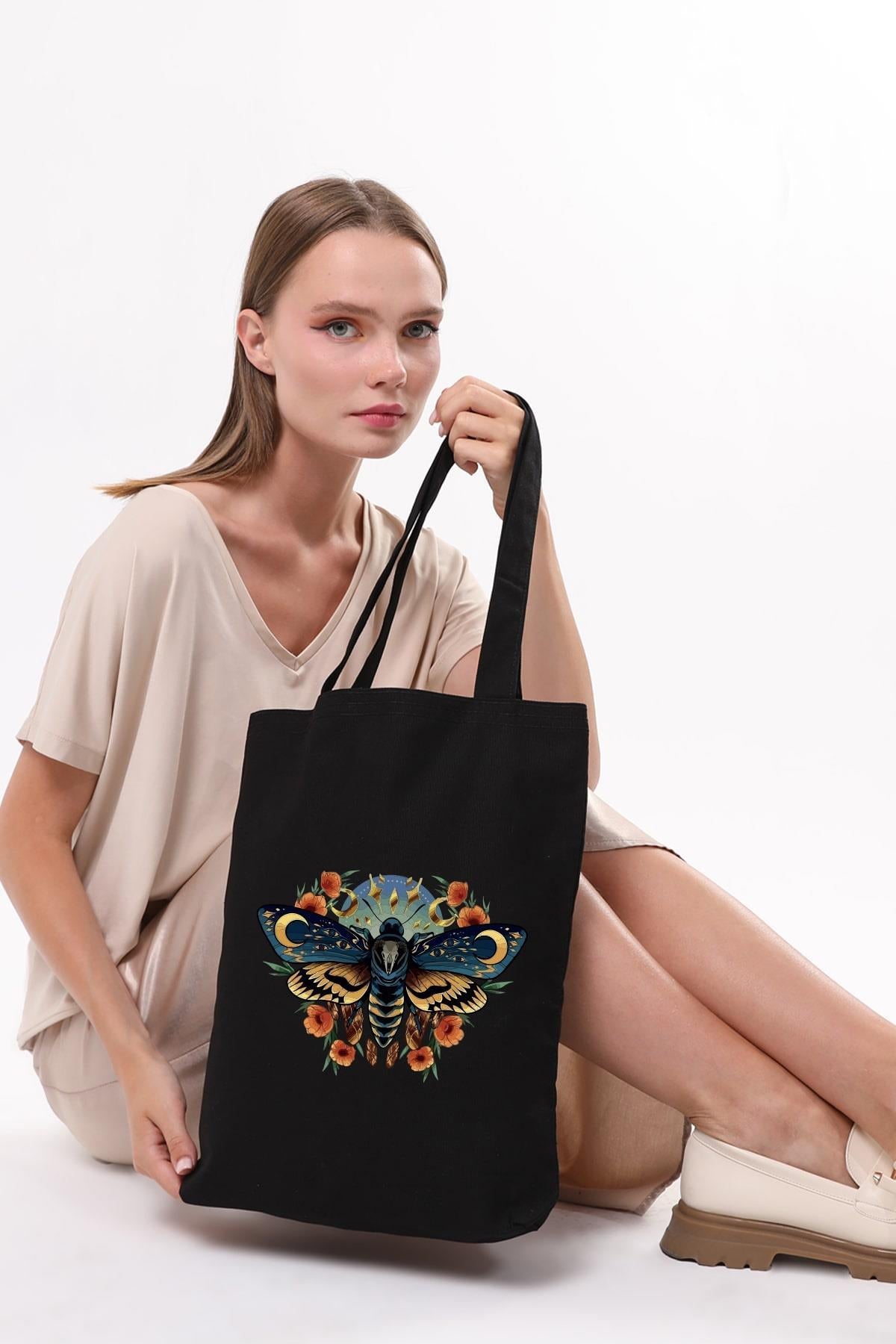 Siyah Kanvas Night Butterfly Baskılı Çanta
