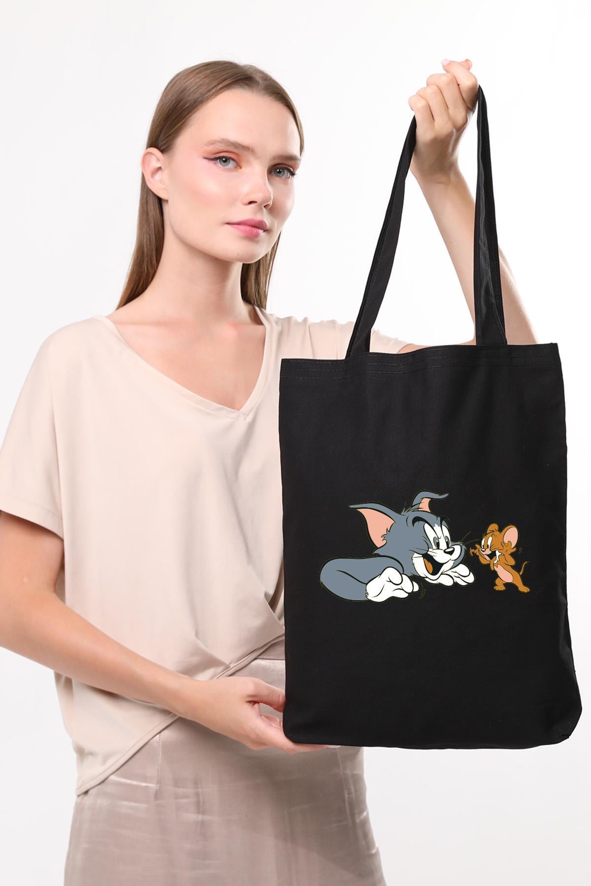 Siyah Kanvas Tom Ve Jerry Baskılı Çanta