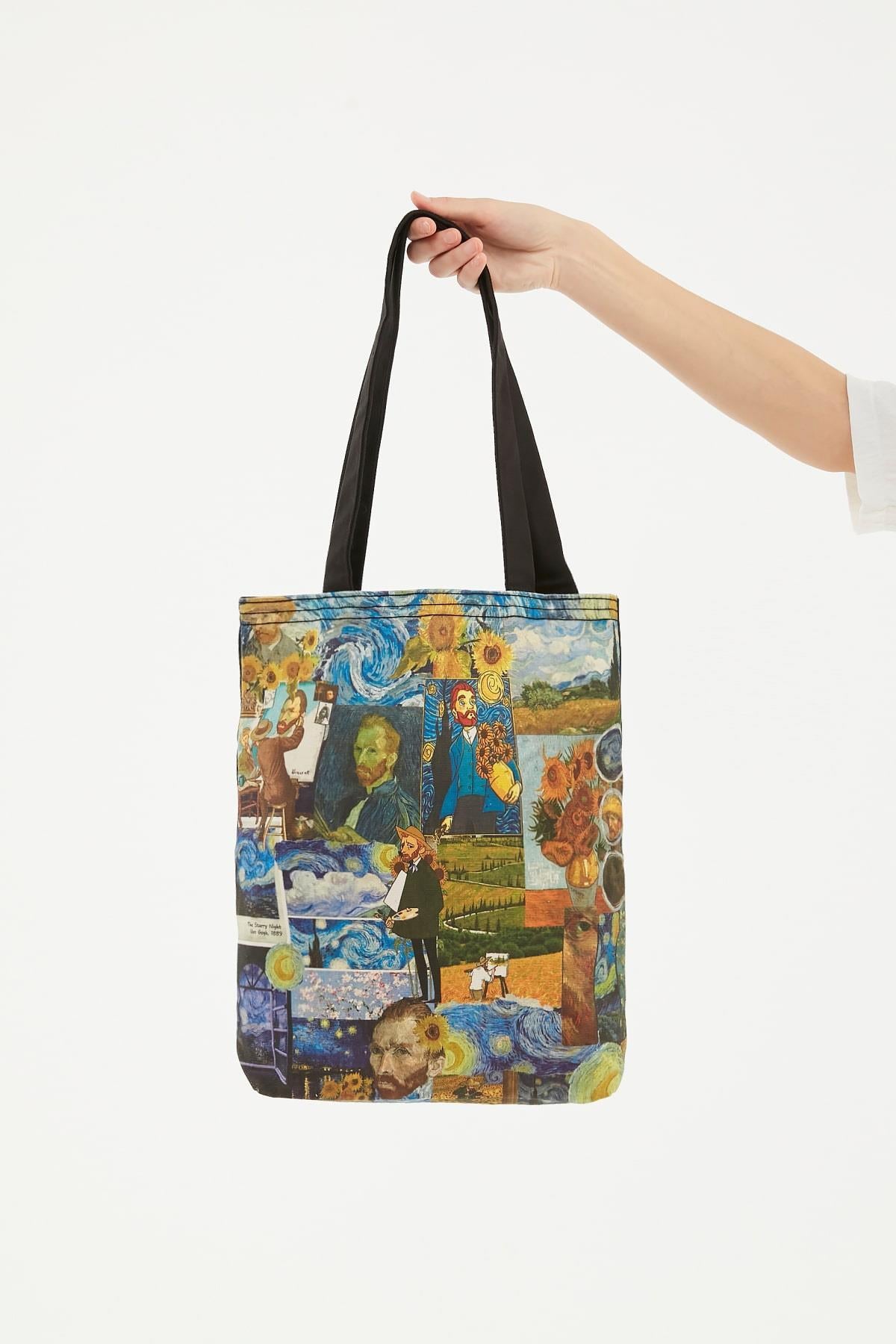Siyah Kanvas Van Gogh Baskılı Çanta