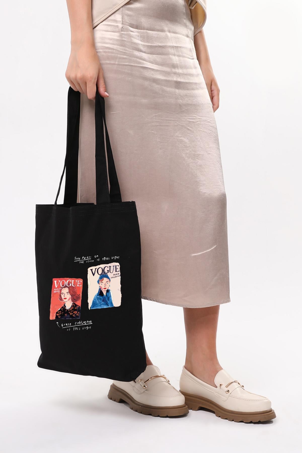 Siyah Kanvas Vogue Baskılı Çanta