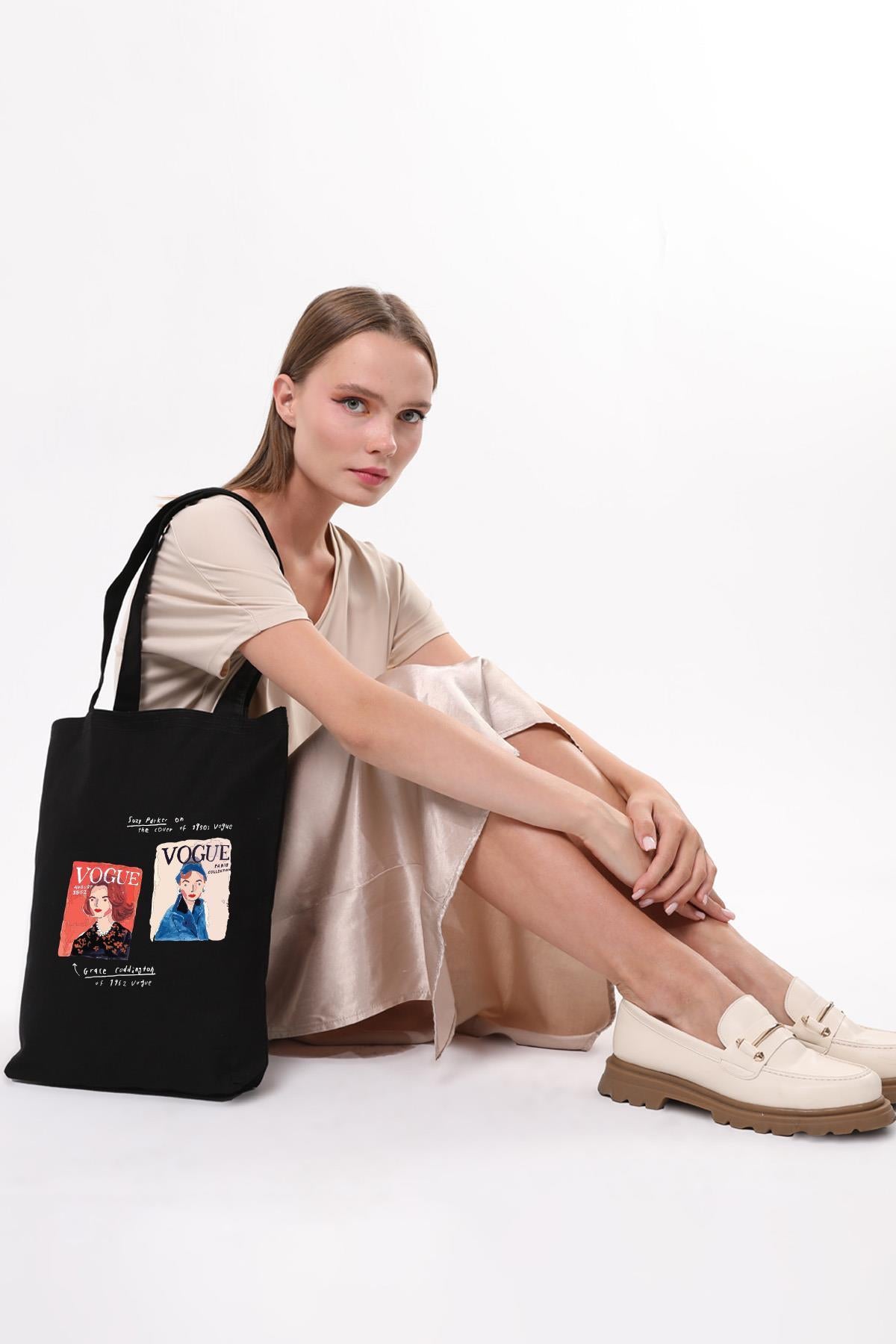 Siyah Kanvas Vogue Baskılı Çanta